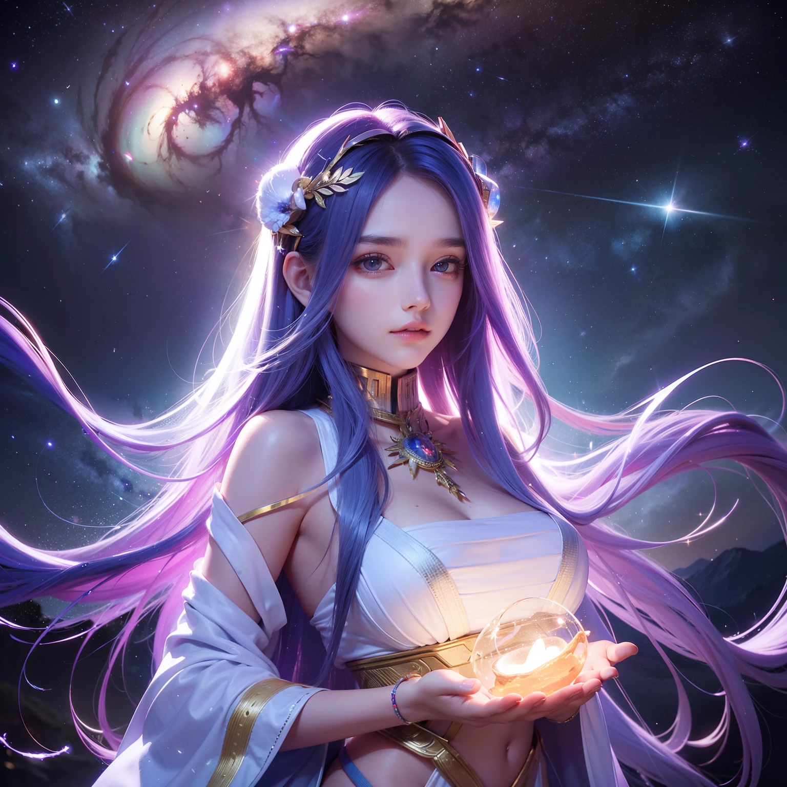 20 years old pretty female as a goddess of the universe, very long hair, nebula dust, starlight, milky way, masterpiece, hyper realistic, 8k, bokeh, cinematic, fireluminesence, lumineer, bioluminensence, surrounding with fog, synapticlightning,