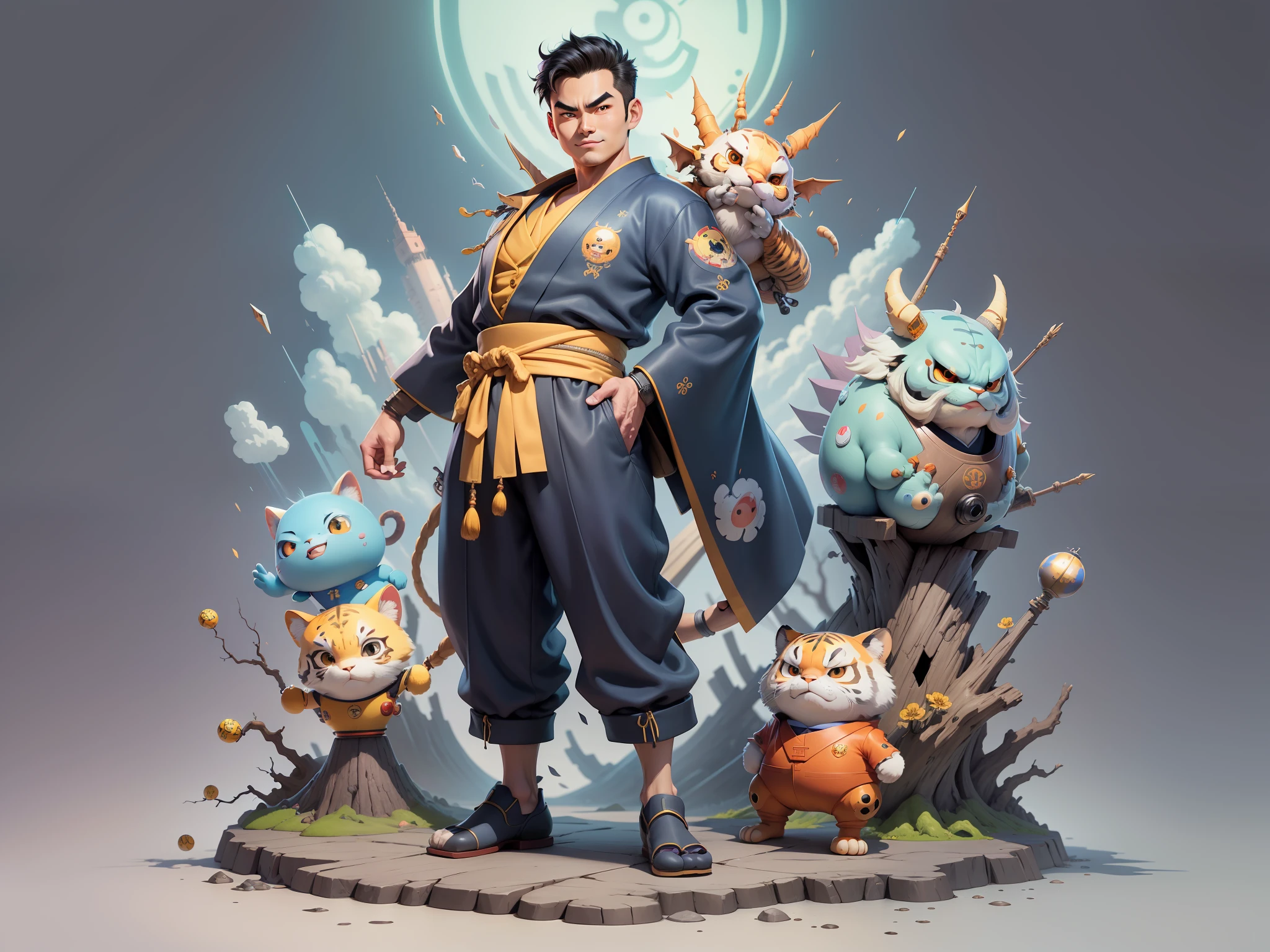 (Masterpiece), (Excellent), (Super Meticulous), (Full Body: 1.2), Super Young Man, Oriental Face, Japanese Kimono, Japanese Wind Thunder God, Dragon, Tiger, TV Anchor, Bust Portrait Illustration, Alone, Black Suit, Blue Tie, Slightly Chubby Face, Very Clean Face, No Beard, Black Super Short Hair, Black Eyes, Confident Smile, 3c Computer Sub-Products, iPad, iPhone, Digital Painting, 3D Character Design by Akira Toriyama and Mark Claireden and Pixar and Hayao Miyazaki, The illustration is a high-definition illustration in 4K resolution with very detailed facial features and cartoon-style visuals.