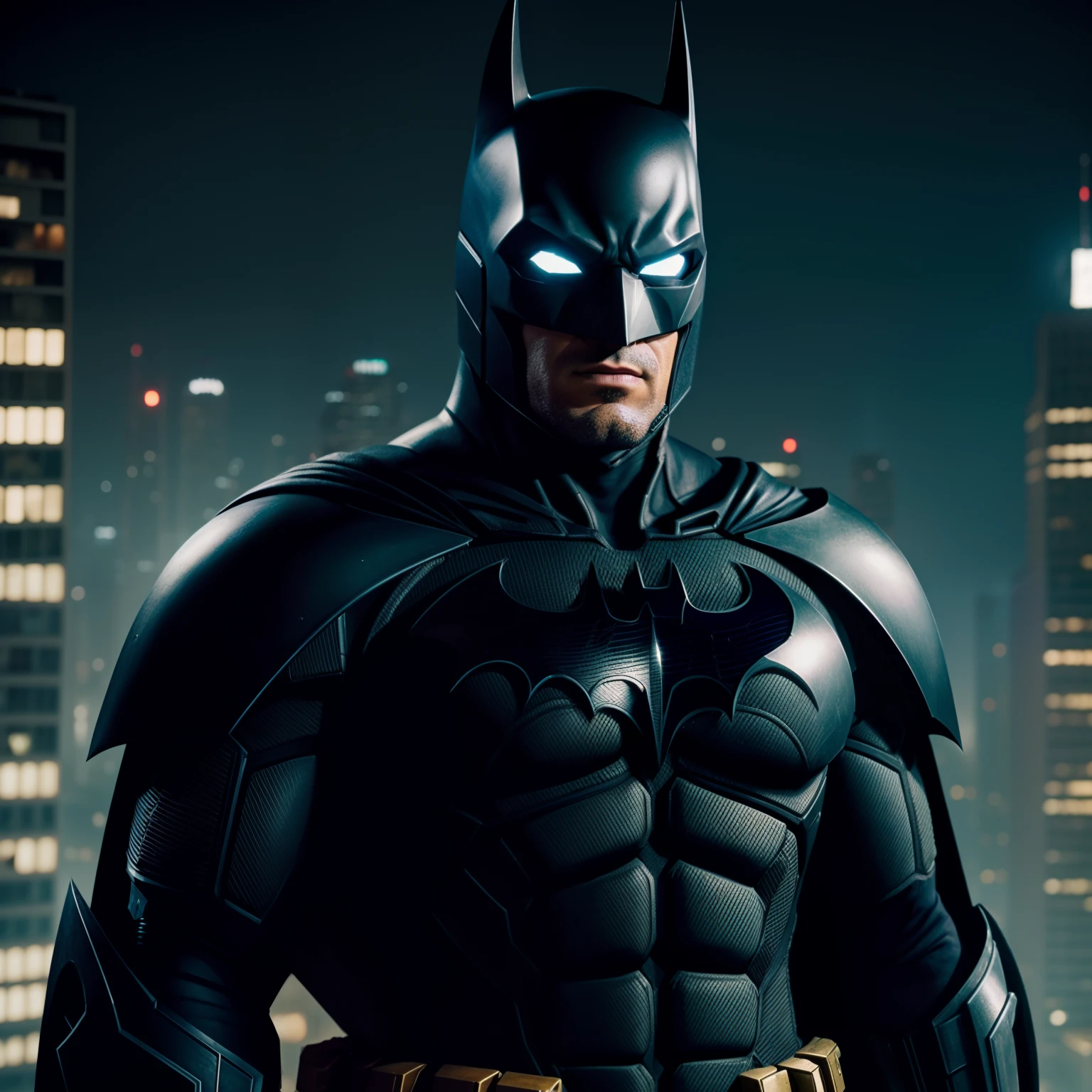 Obra prima melhor qualidade, retrato, batman de armadura cibernetica cyberpunk preta capa,imposing on top of a building, a noite, extremamente 8k, Ultra realista