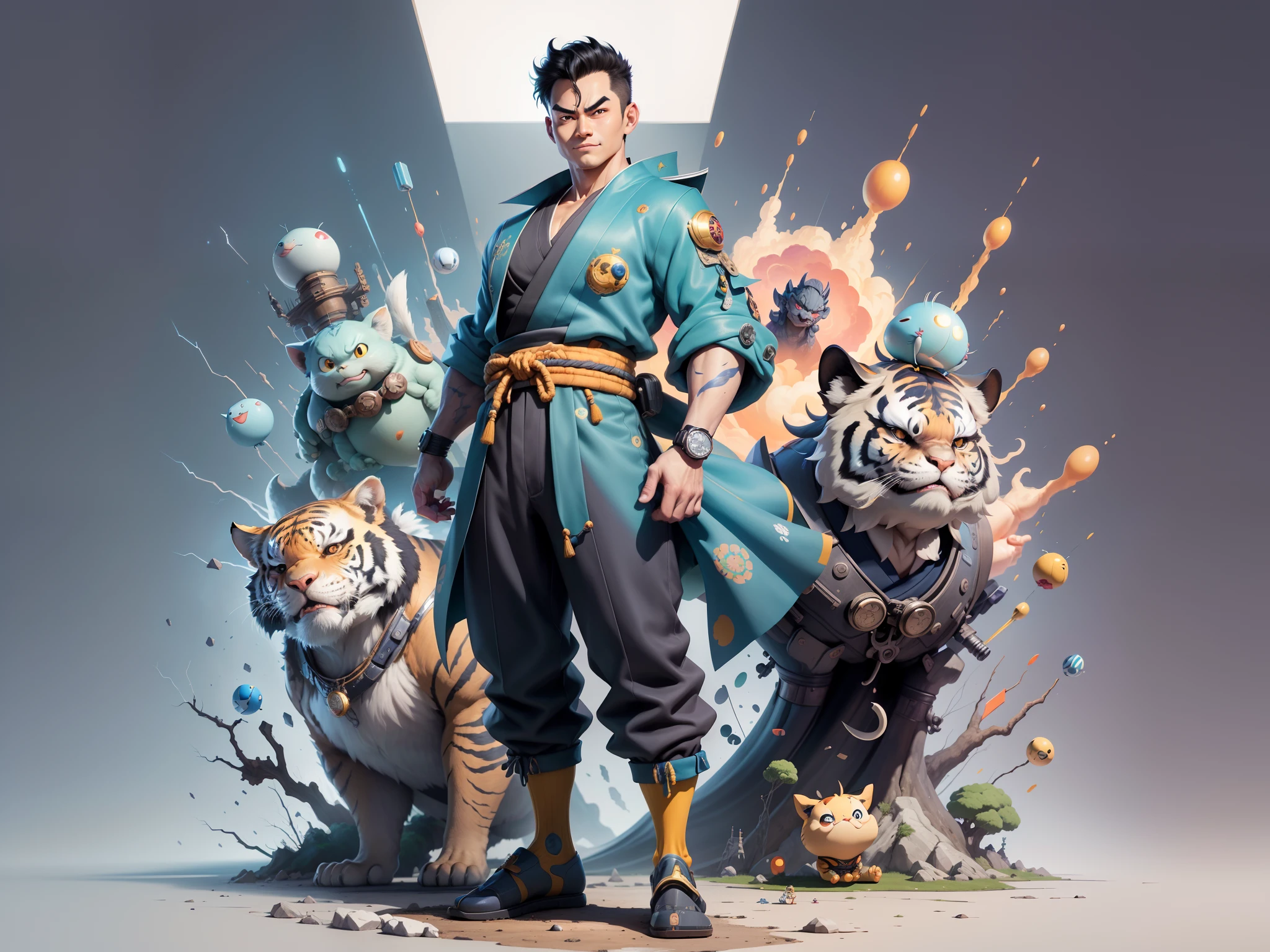 (Masterpiece), (Excellent), (Super Meticulous), (Full Body: 1.2), Super Young Man, Oriental Face, Japanese Kimono, Japanese Wind Thunder God, Dragon, Tiger, TV Anchor, Bust Portrait Illustration, Alone, Black Suit, Blue Tie, Slightly Chubby Face, Very Clean Face, No Beard, Black Super Short Hair, Black Eyes, Confident Smile, 3c Computer Sub-Products, iPad, iPhone, Digital Painting, 3D Character Design by Akira Toriyama and Mark Claireden and Pixar and Hayao Miyazaki, The illustration is a high-definition illustration in 4K resolution with very detailed facial features and cartoon-style visuals.