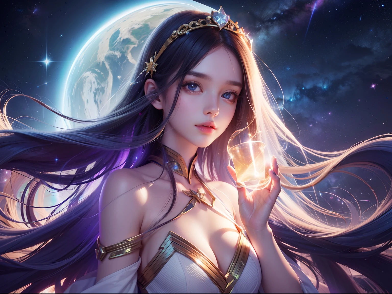 20 years old pretty female as a goddess of the universe, very long hair, in the space, nebula dust, starlight, milky way, masterpiece, hyper realistic, 8k, bokeh, cinematic, fireluminesence, lumineer, bioluminensence, surrounding with fog, synapticlightning,