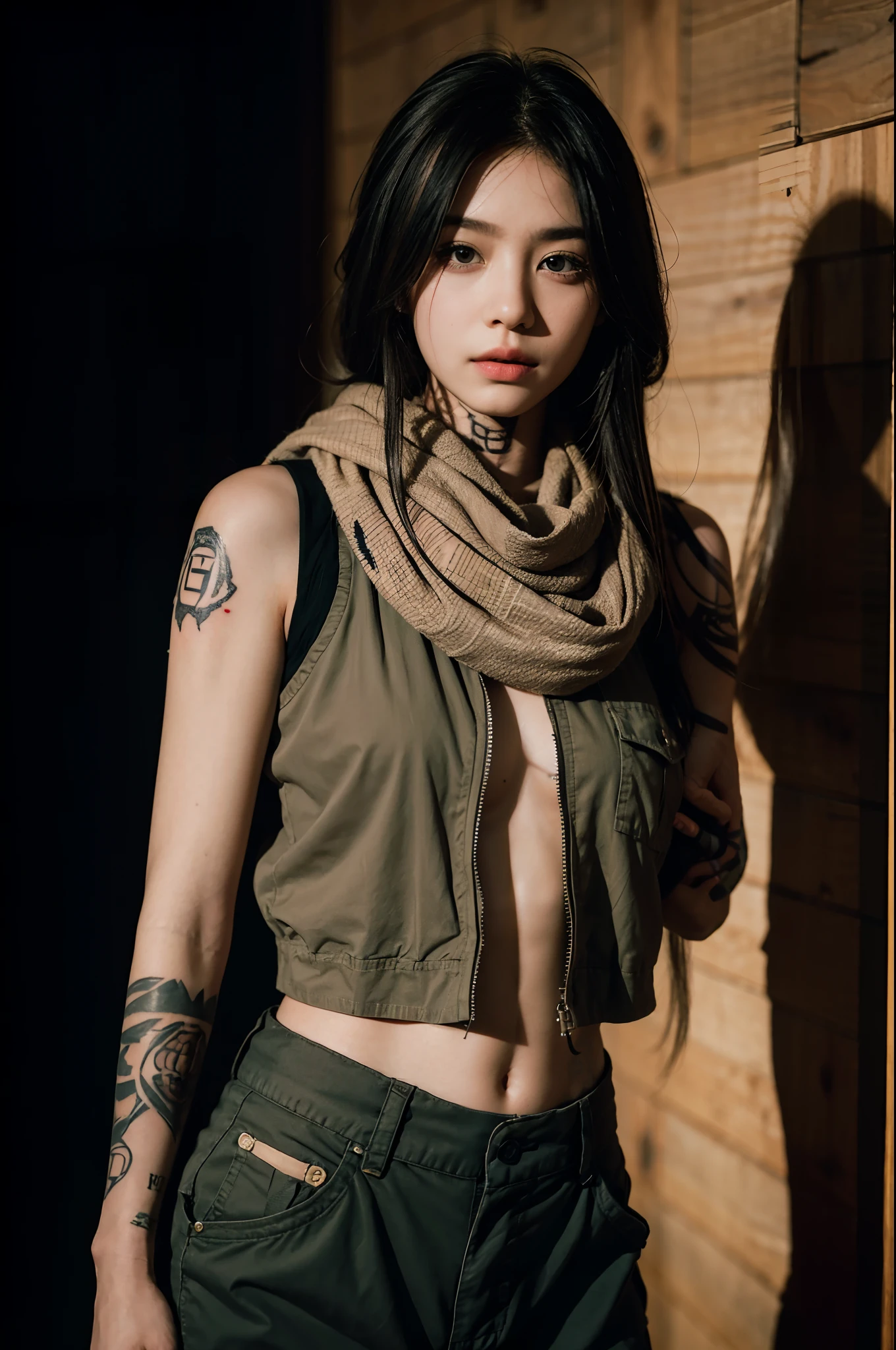 A daughter,Draped with hair,vests,cargo pants,Tattooed with,mills,Measure light,f/2.8 apertures,Canon portrait lens,Premium texture,Masterpiece,4K quality,Large tattoos