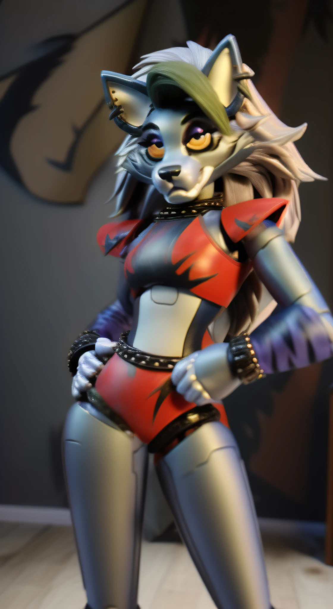 (Masterpiece, Best quality:1.2), Tir de cowboy, seulement, 1fille, fnafroxanne, furry female, fourrure corporelle, Makeup, Regarder le spectateur, main sur la hanche, oreilles de loup, crop top, chou, spikes, joaillerie, ear piercing, bracelet, Queue de loup