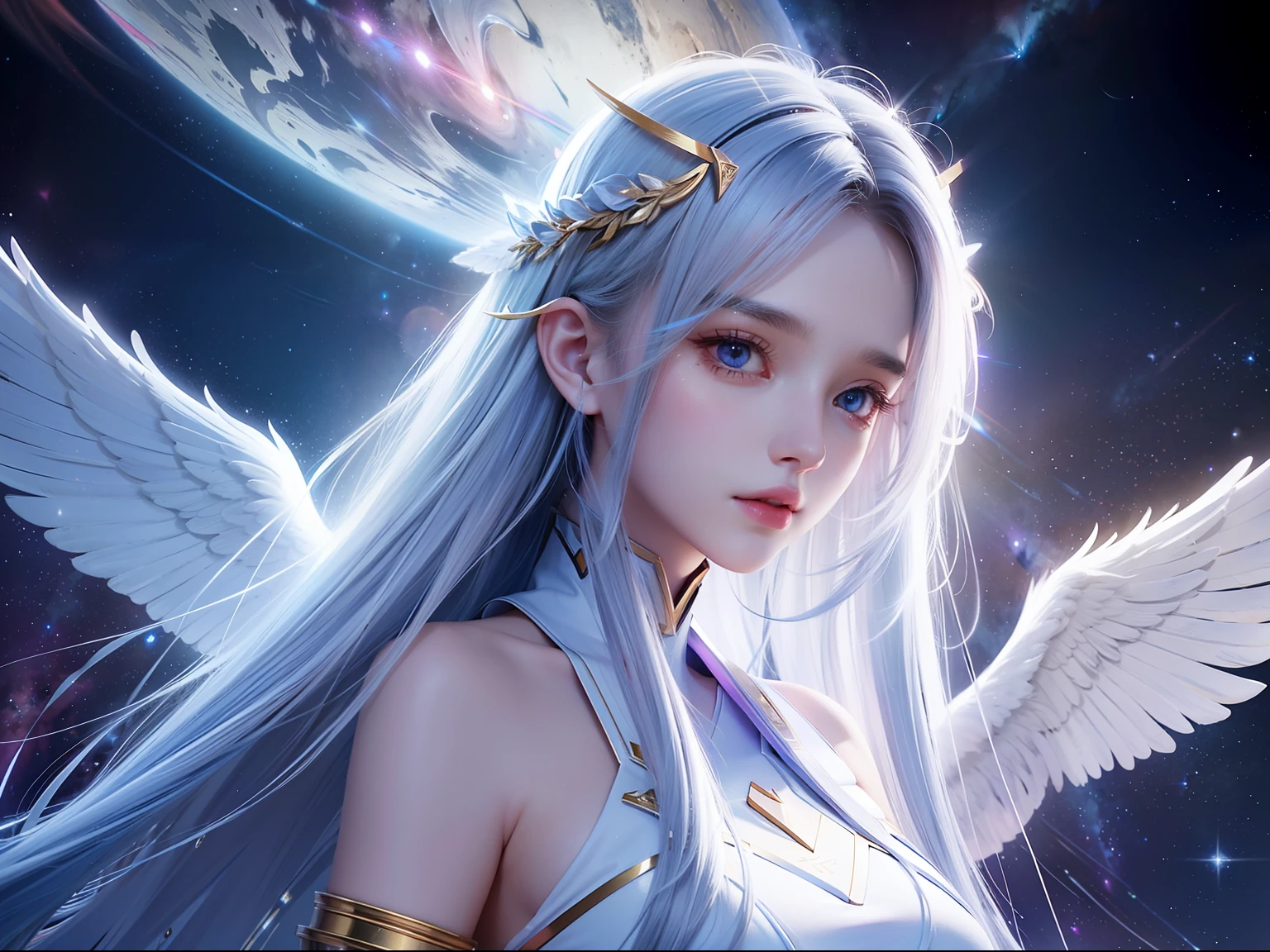 20 years old pretty female as a goddess of the universe, very long hair, big white wings, in the space, nebula dust, starlight, milky way, masterpiece, hyper realistic, 8k, bokeh, cinematic, lumineer, bioluminensence, surrounding with fog, synapticlightning, (detailed face),