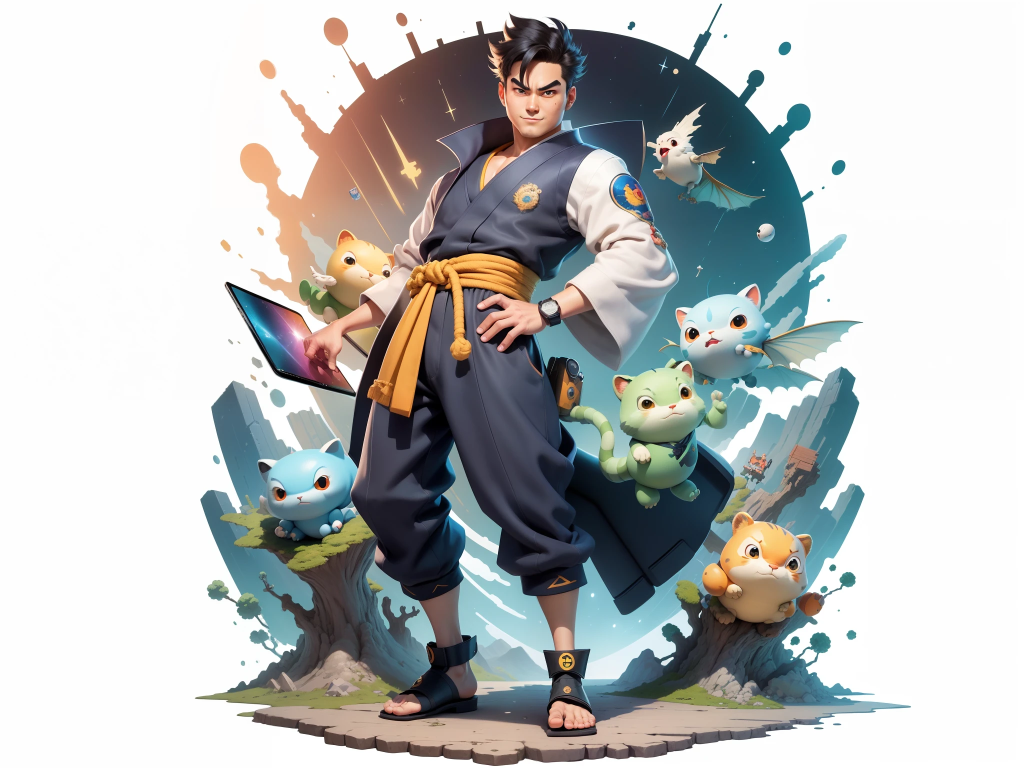 (Masterpiece), (Excellent), (Super Meticulous), (Full Body: 1.2), Super Young Man, Oriental Face, Japanese Kimono, Japanese Wind Thunder God, Dragon, Tiger, TV Anchor, Bust Portrait Illustration, Alone, Black Suit, Blue Tie, Slightly Chubby Face, Very Clean Face, No Beard, Black Super Short Hair, Black Eyes, Confident Smile, 3c Computer Sub-Products, iPad, iPhone, Digital Painting, 3D Character Design by Akira Toriyama and Mark Claireden and Pixar and Hayao Miyazaki, The illustration is a high-definition illustration in 4K resolution with very detailed facial features and cartoon-style visuals.