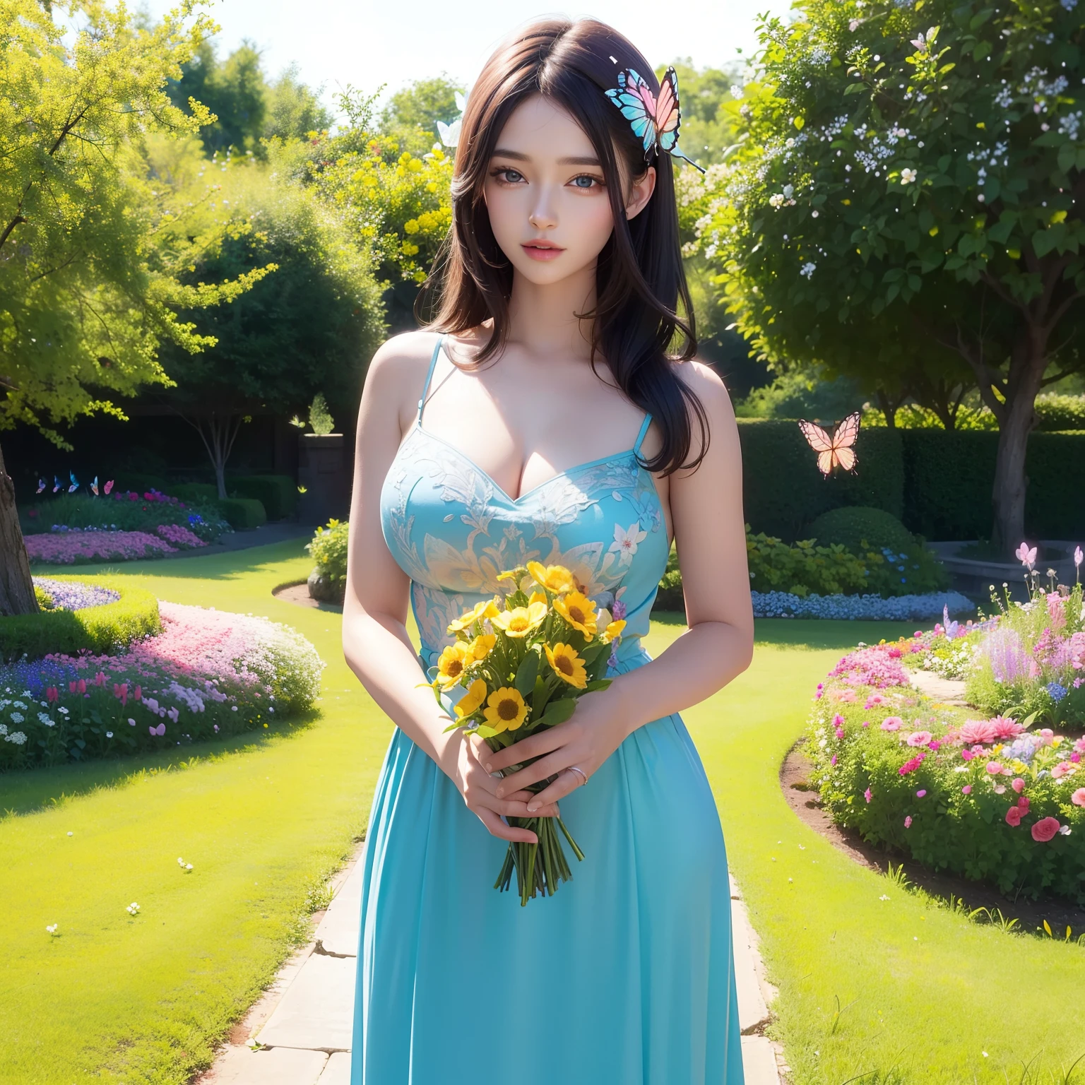 (Beautiful Eva exploring the vibrant Garden of Eden, surrounded by blooming flowers and delicate butterflies), masterpiece, realistic, 8k