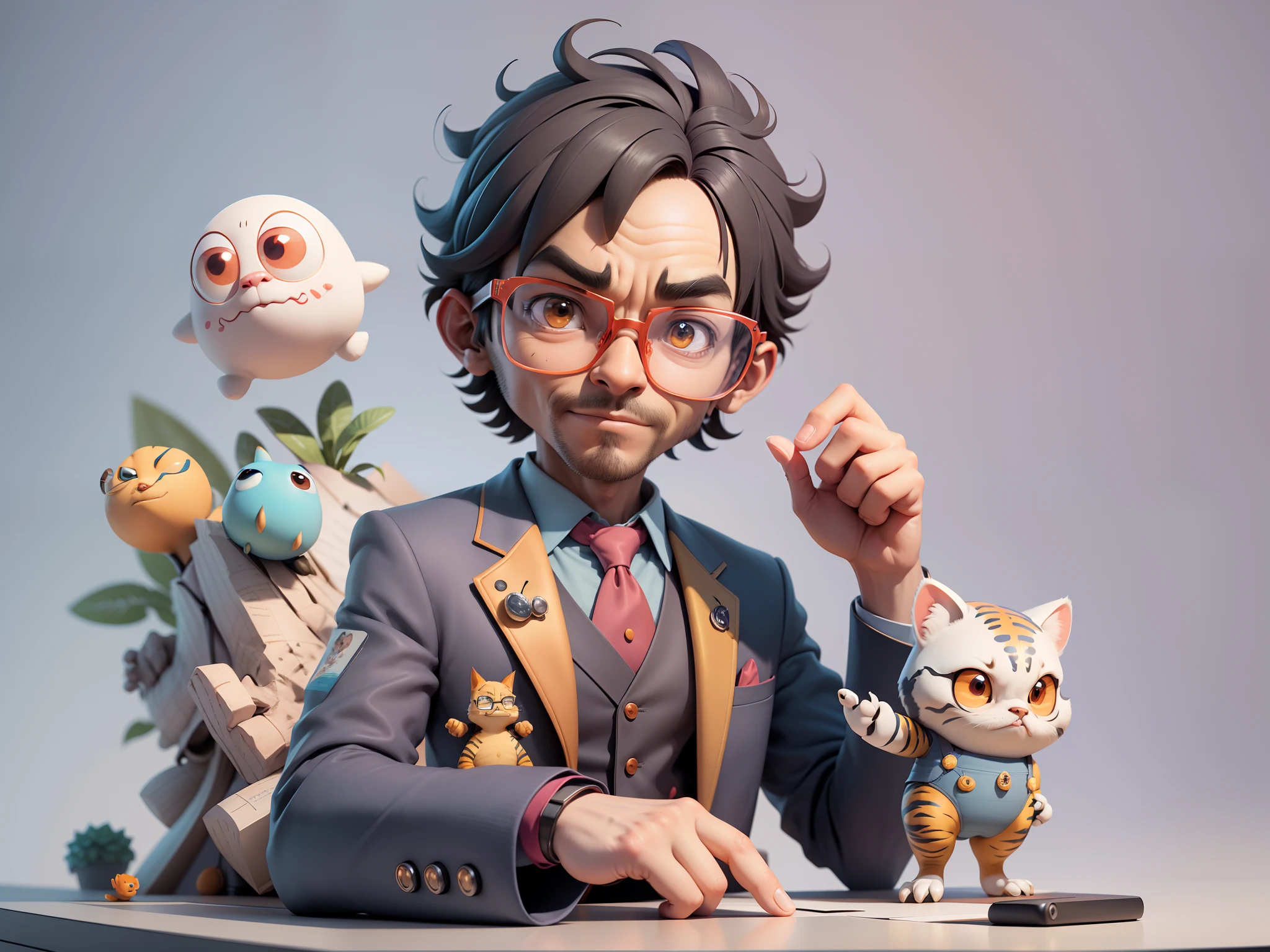 A young man in a suit, Short hair and glasses sat at his desk，holding laptop，digitial painting，tigre，3D character design by Mark Clairen and Pixar and Hayao Miyazaki and Akira Toriyama，4K HD illustration，Very detailed facial features and cartoon-style visuals。