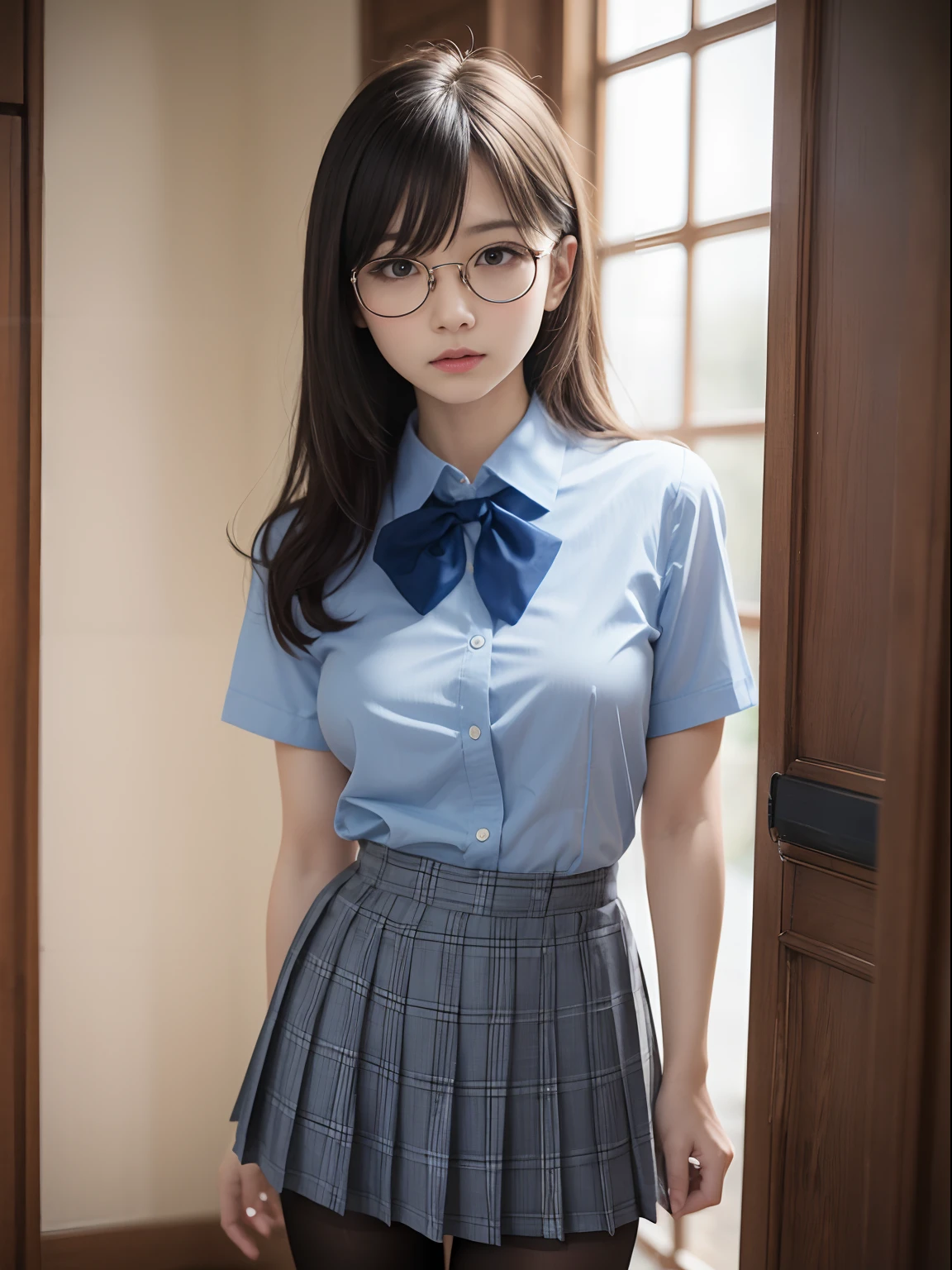 (8K、Raw photography、top-quality、masterpiece:1.2),bob cuts,glamor,Chromo-white skin,cocky,School,watching at viewers,Looking at the front,Muchimuchi,Erotic,Pupils,(Light blue bra seen through the shirt),de pele branca,kne,(Black pantyhose),absurderes,a small face,small tits,flat breast,Parting the bangs from the middle、Forehead visible,(a cold expression,Tight eyes,glares,Bullish,skinny,Rasping,irate)、masterpiece,top-quality、超A high resolution,Raw photo,ren,Beautiful fece,One Person, 独奏,eye glass,,Dark look,Small breasts,fullllbody,Round glasses,JK school uniform,hi-school girl,A Japanese Lady,is standing,(Photorealsitic:1.37)、Photon mapping,Realistic、Beautie,Cute little face,Brown-eyed、Black socks、(Red bow tie)、Radio City、Physically Based Rendering、depth of fields、Blurry background、a picture,Body,beauty legs, Long legs, Thin leg,(Bangs are visible), hair, s lips, Blue_The eye, nosesoft,(Light blue shirt), (Navy and blue and white plaid pleated skirt), Knees are visible,Sheer clothing,, Thigh, Black cotton socks,Nogizaka Idol, 女優, Japanese ido