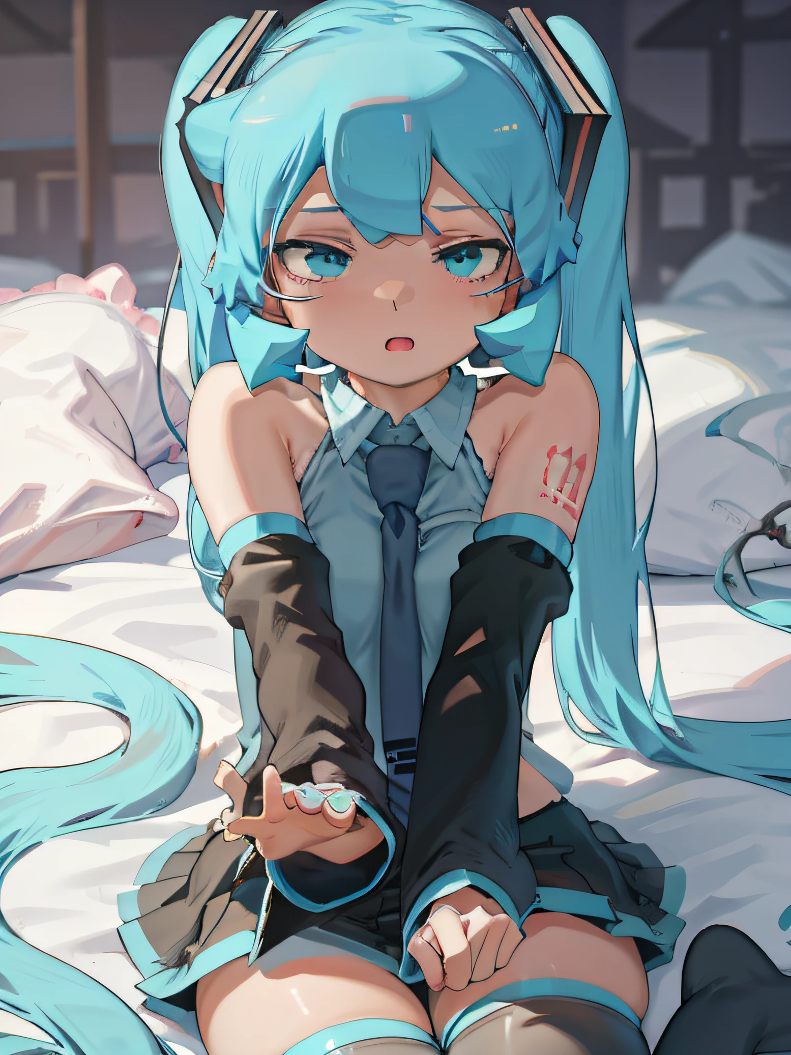 1girl, aqua eyes, aqua hair, hatsune miku, grey shirt, detached sleeves, twintails, shoulder tattoo, necktie, black thighhighs, pleated skirt