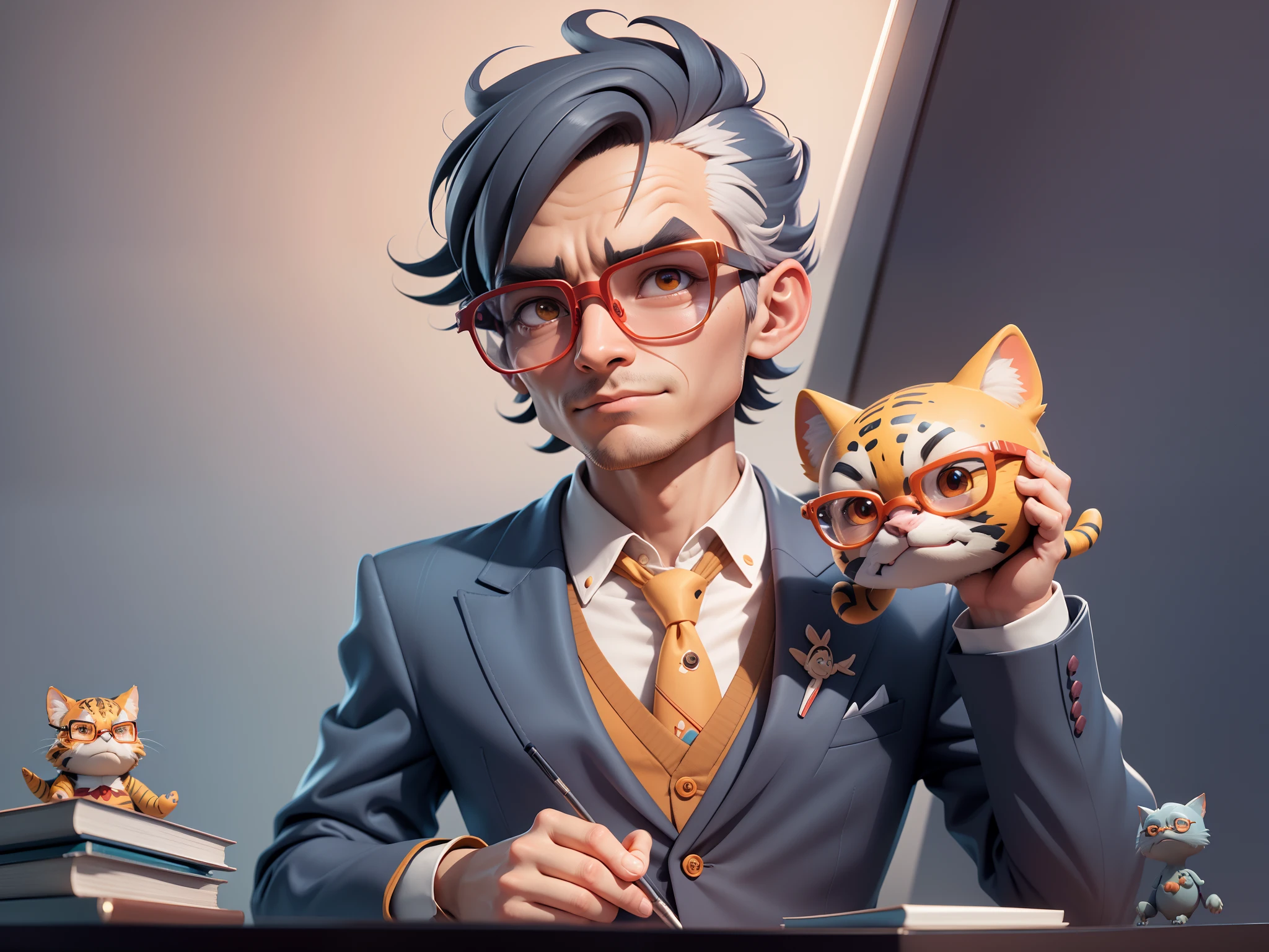 A young man in a suit, Short hair and glasses sat at his desk，holding laptop，digitial painting，tigre，3D character design by Mark Clairen and Pixar and Hayao Miyazaki and Akira Toriyama，4K HD illustration，Very detailed facial features and cartoon-style visuals。