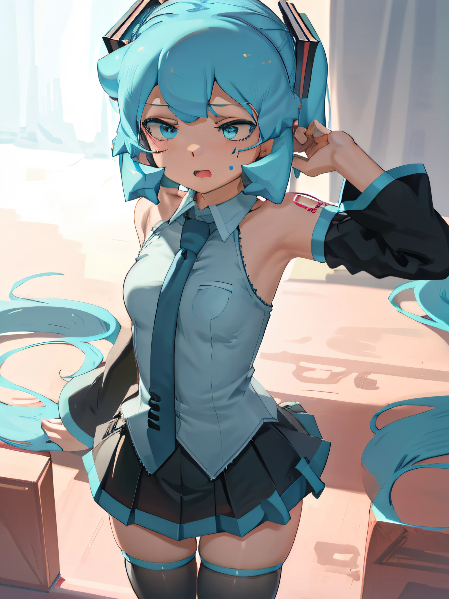 1girl, aqua eyes, aqua hair, hatsune miku, grey shirt, detached sleeves, twintails, shoulder tattoo, necktie, black thighhighs, pleated skirt