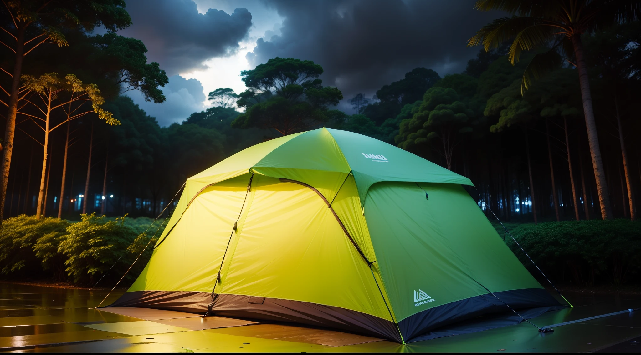 tenda de acampamento na floresta durante uma chuva intensa, chuva, muita chuva, chuva durante a noite