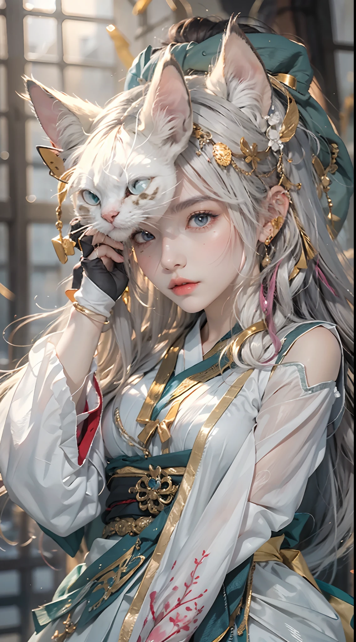 (1girl:1.3),solo,__body-parts__, official art, unity 8k wallpaper, ultra detailed, beautiful and aesthetic, beautiful, masterpiece, best quality,Fantastical Atmosphere, Calming Palette, Tranquil Mood, Soft Shading, Miko priestess, charm spell, talisman familiar, shrine maiden duties, cat ears