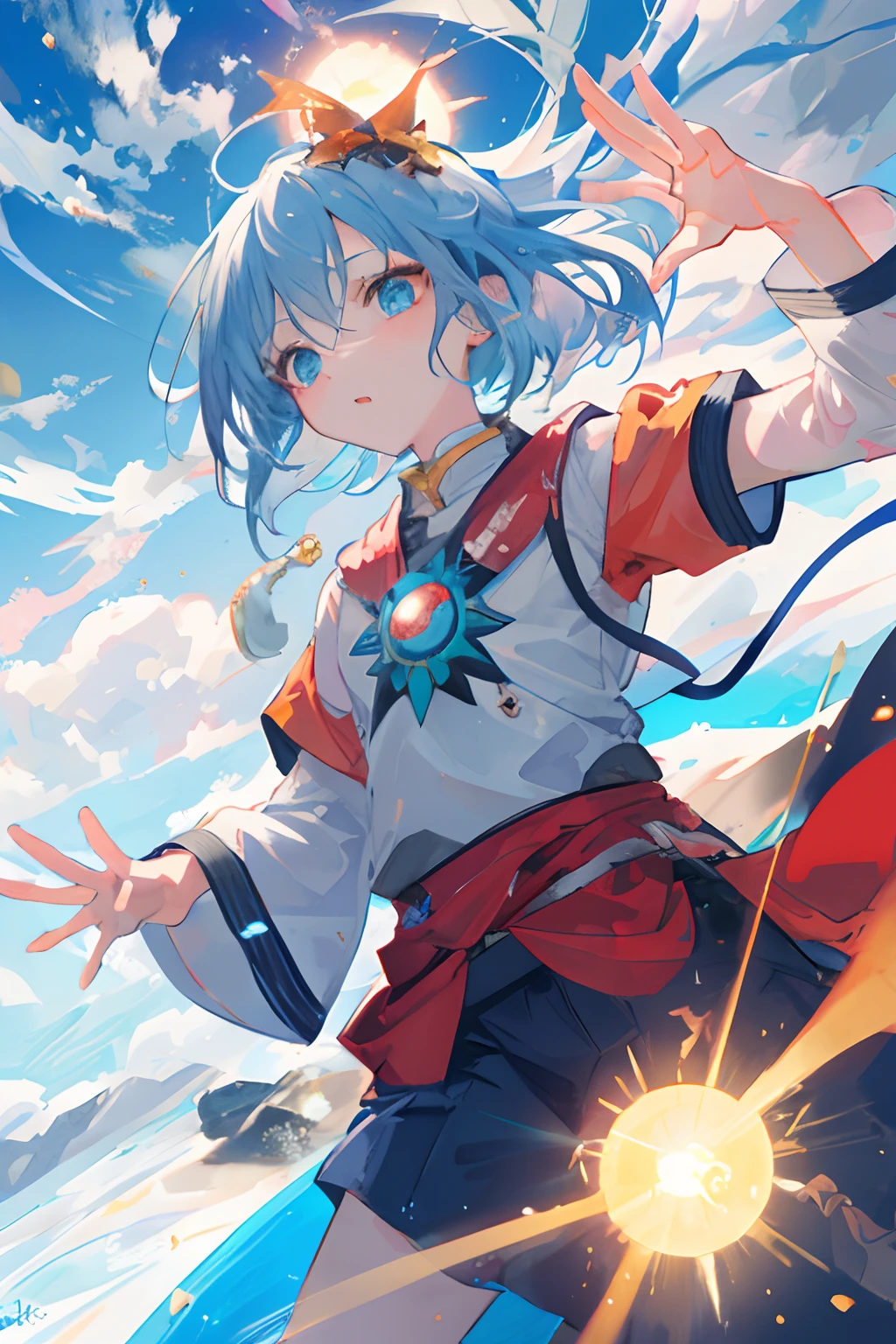 "girl, rasengan, sun, clouds, hand partially covering the sun"