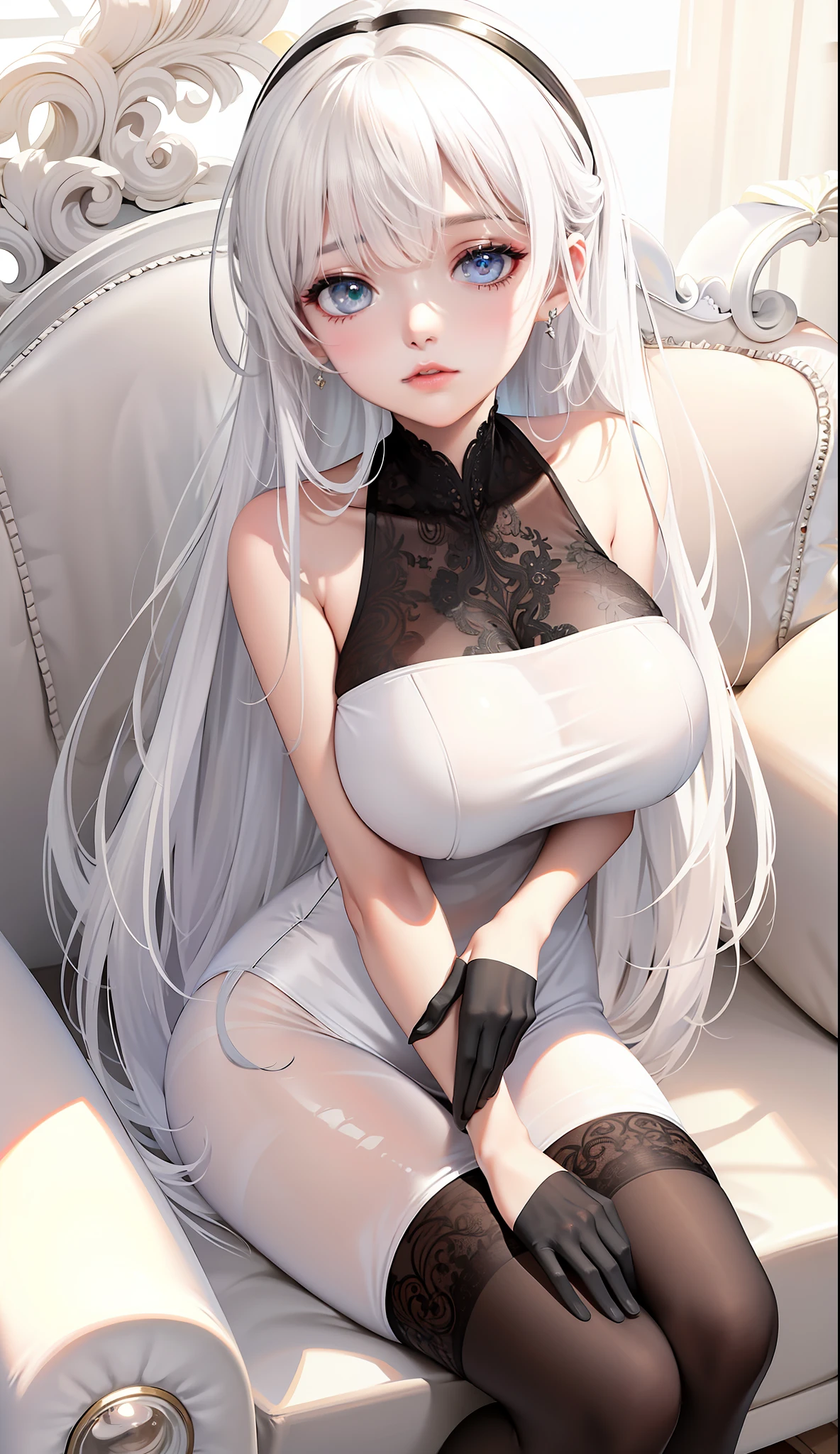 Clear white silk pantyhose，Tight transparent clothing，with fair skin，and hold your head in your hands，Delicate and delicate face，Elaborate Eyes，Eyes are clear，Incredibly detailed，，Hairline，16k