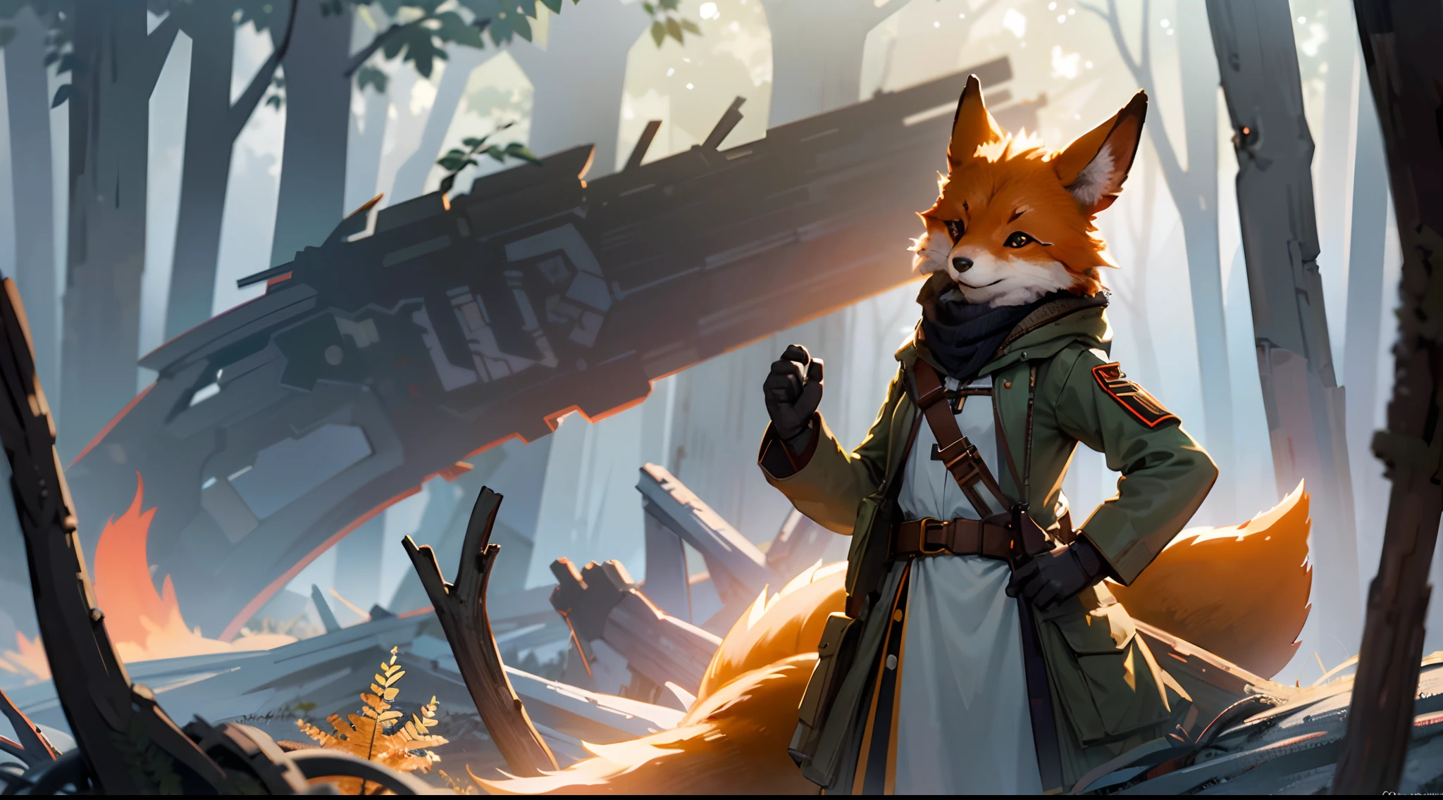 brave and cute anthropomorphic fox military soldier signaling that all is well, forest in background, daylight, intricate details, masterpiece, volumetric light, dynamic compositing, high definition, ultra resolution