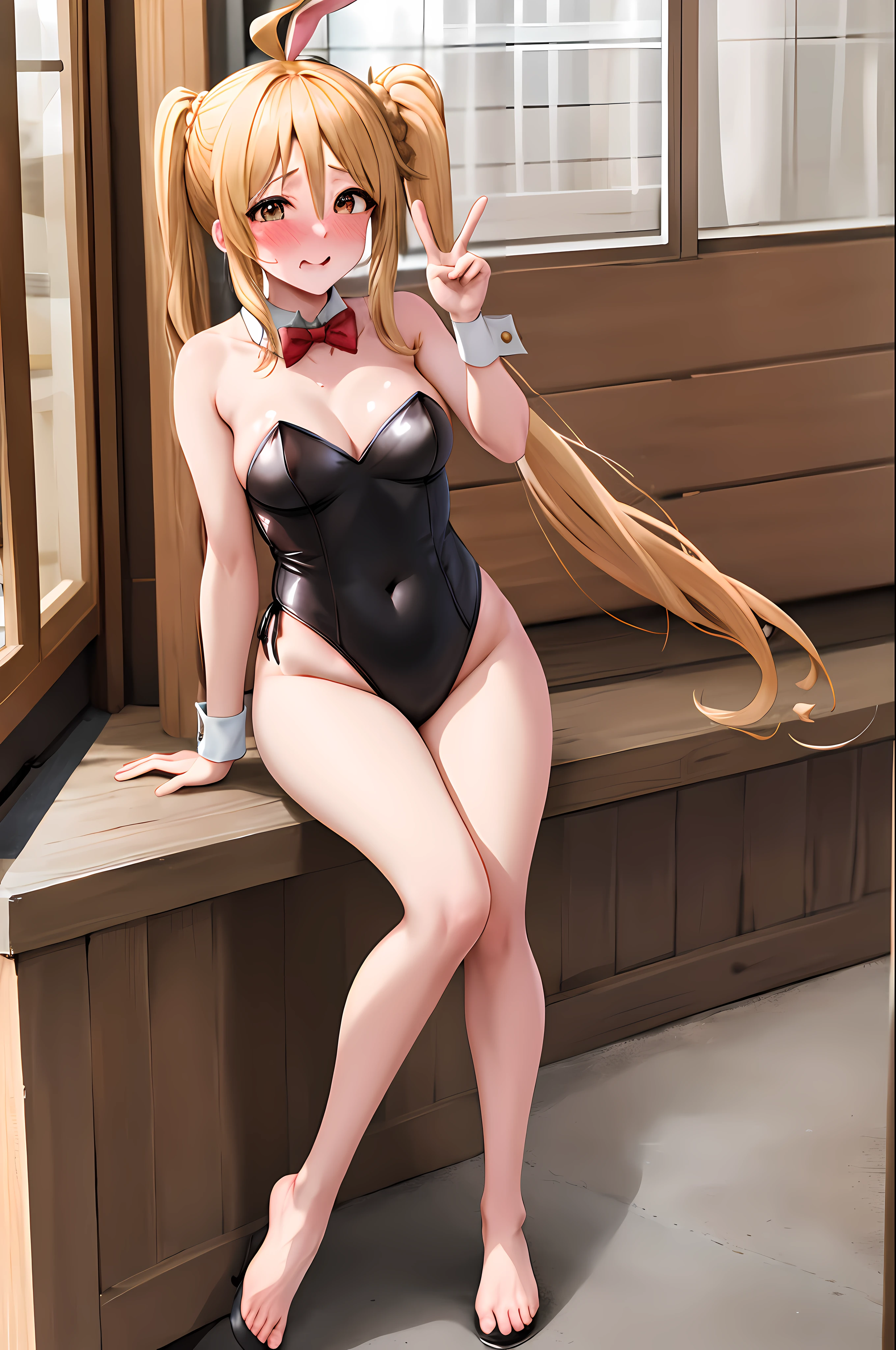 masterpiece, best quality, highres, in1, side ponytail, long hair, ahoge, playboy bunny, rabbit ears, bare legs, small breasts, cowboy shot, embarrassed, blush, outdoors, peace sign,