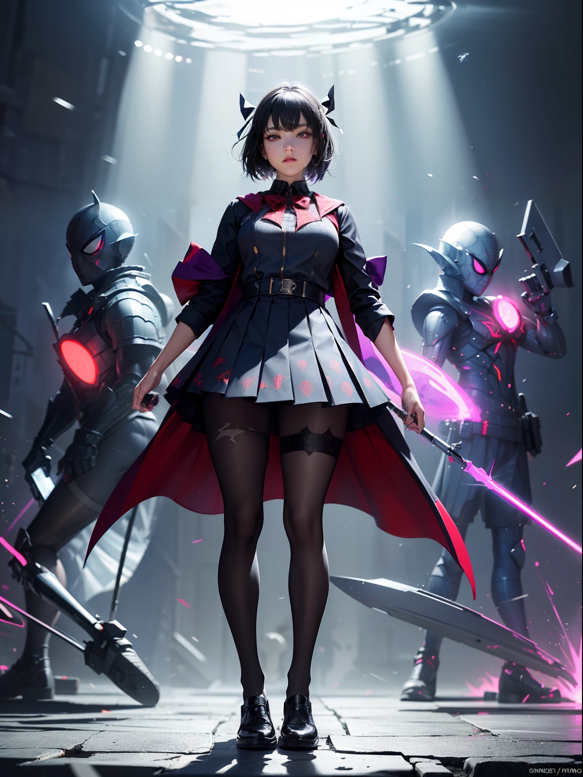 (full body:1.5)，(1girl:1.3),(looking at viewer:1.4)，(anatomy correct:1.3)，(In the paradise of the day:1.3),(Wearing Very thick Printed Pantyhose and Spider-Man suit JK uniform printed Ultra short pleated skirt and JK uniform leather shoes with bow decoration :1.35), (Light particle effect:1.3),(In pink|amarelo|blue colors|green color|red colour|white colors|black in color|purpleish color|greys|Beige|Flesh color 1.4)，(Glowing eyes:1.3),(Accurate and perfect face:1.4),(Clothing Gloss:1.25),(Skin reflection:1.25),hyper HD, Ray traching, reflective light，structurally correct, Award-Awarded, high detal, lightand shade contrast, Face lighting，cinmatic lighting, tmasterpiece, super detailing, high high quality, high detal, best qualityer, 16k，high contrast,