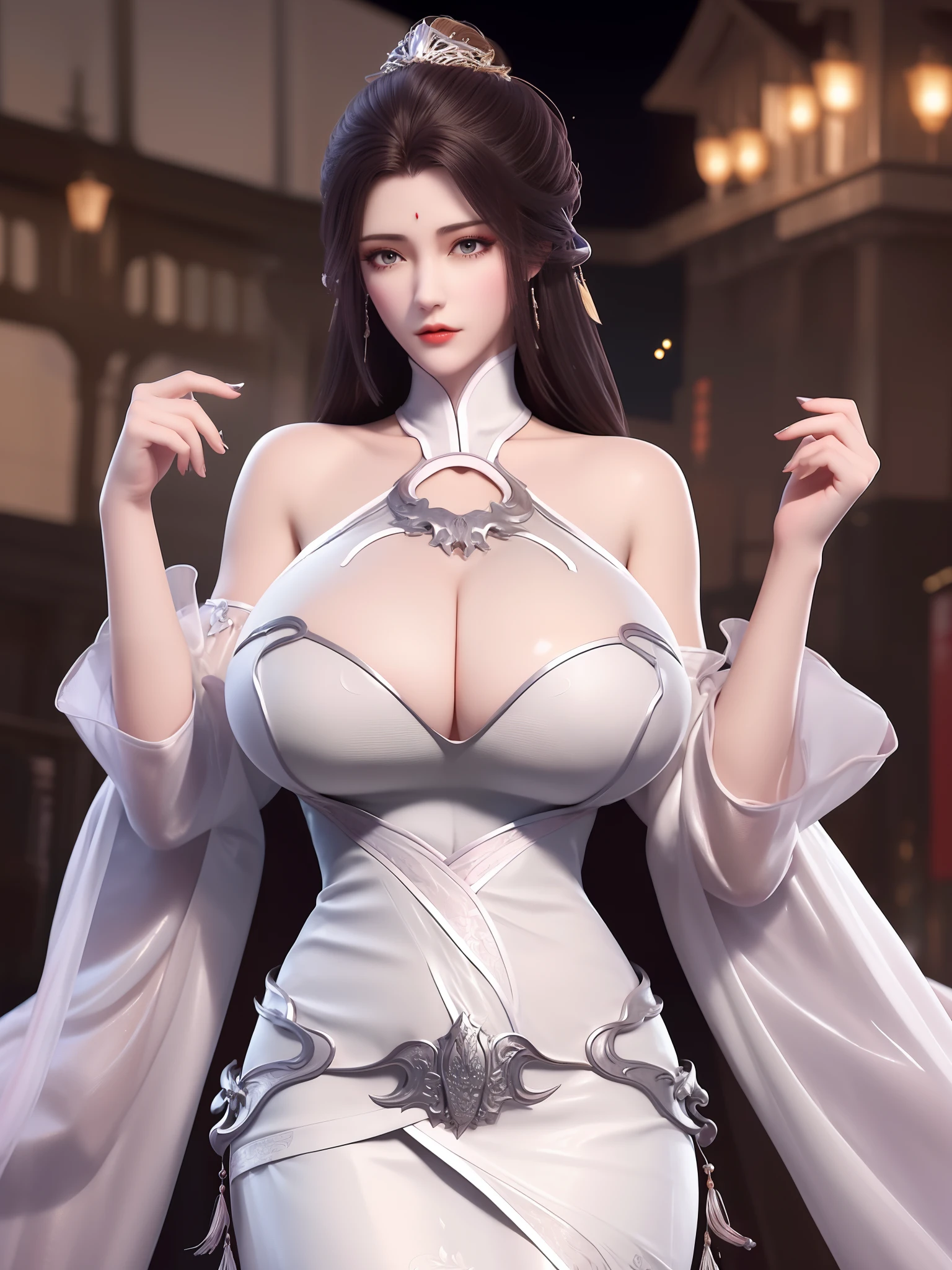 1girl, mature female,long dress, (huge fake breasts:1.5), cityscape, looking at viewer, detached sleeves, hair ornament,forehead mark,cowboy shot,high ponytail, metal trim,bra,see-through, obi,
