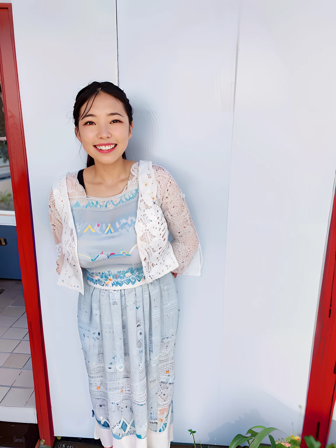 Smiling woman in dress standing by the lake, with blue sky and white clouds, and she smiling，Very happy,, photograph taken in 2 0 2 0, harumi, A young Asian woman, she's smiling, wearing in a summer dress, Shouko Nishimiya, inspirado por Kim Jeong-hui,