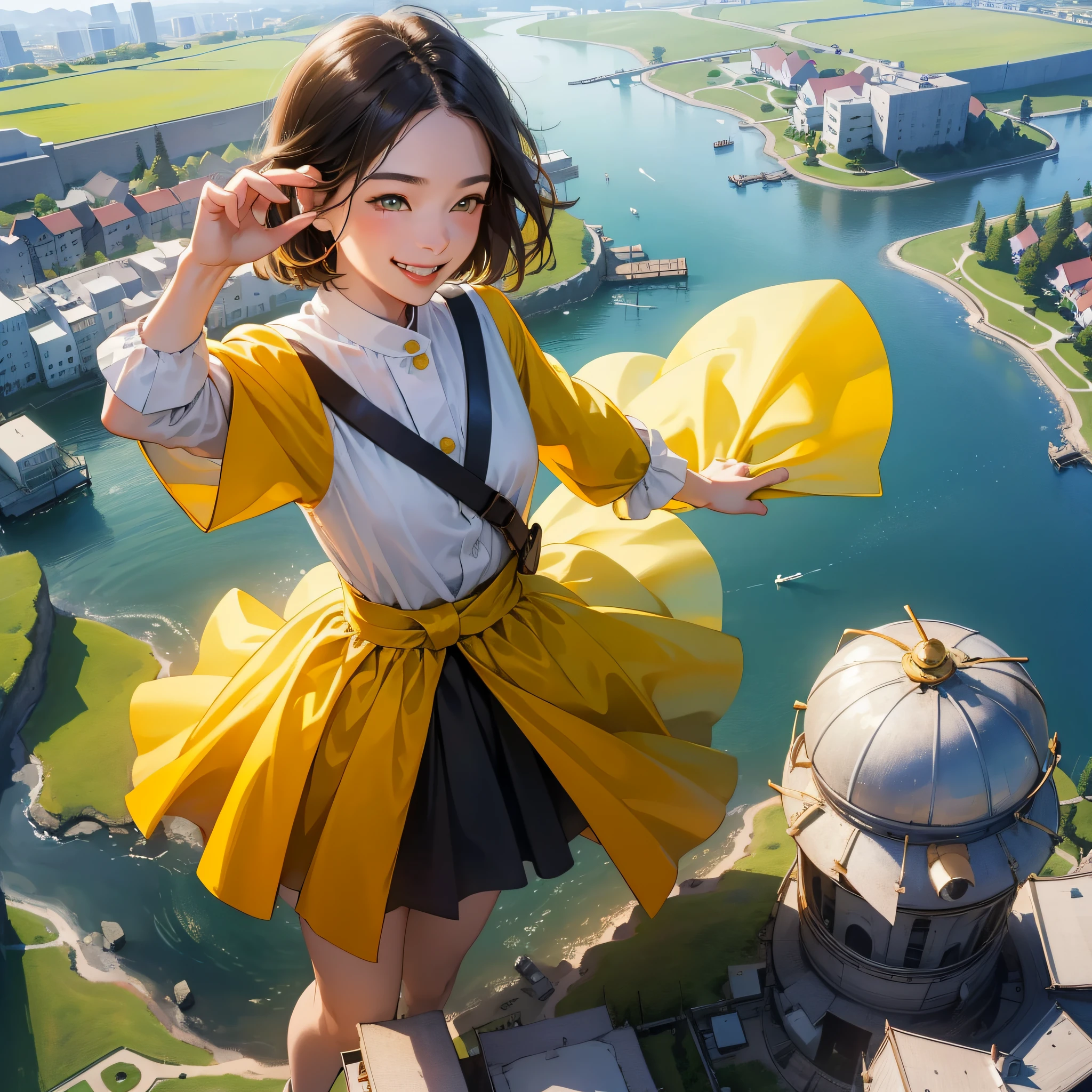 (in 8K、top-quality、masterpiece:1.2)、1人の女性、(Smiling smile:1.1)、beautidful eyes、Valley、The upper part of the body、shorth hair、Like a boy 、Quirk hair、short-cut、Yellow view、