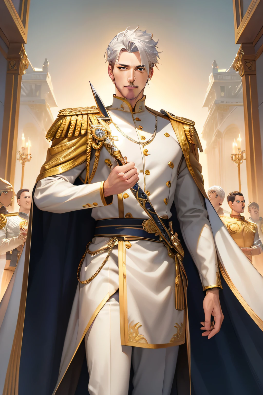 young man of 35, tall, broad-shouldered, and powerful in appearance with his golden eyes and a short silver hair and silver goatee, strong, wears a golden crown. He wears a white and gold navy military suit and wields his steel sword, possesses vast amounts of gold, in front his palace