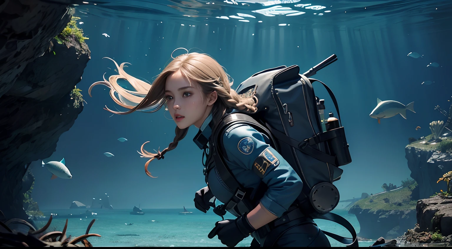 Detailed shiny skin、(realisitic、Photorealsitic:1.4),8K HDR, (One attractive woman:1.4),  ​masterpiece, (extremely delicate and beautiful:1.2),Detailed and precise fingers,Movie angle,电影灯光, (beautiful finely detailed eyes:1.1), (Detailed light:1.1),(dense background、Fine distant view、Huge undersea ruins in the distance)、(detailed faces and eyes)、Blue eyes、skinny  body、Please wear an underwater mask、Swim in a silver diver suit,Swimming and surveying、Beautiful swim、Diving、In the deep sea full of glowing fish、The bottom of the dark sea、I can't see the surface of the water、abyssal、Light shining、Bright fish、Middle hair、brown+Braids、Small backpack type machine、Submarine guns
