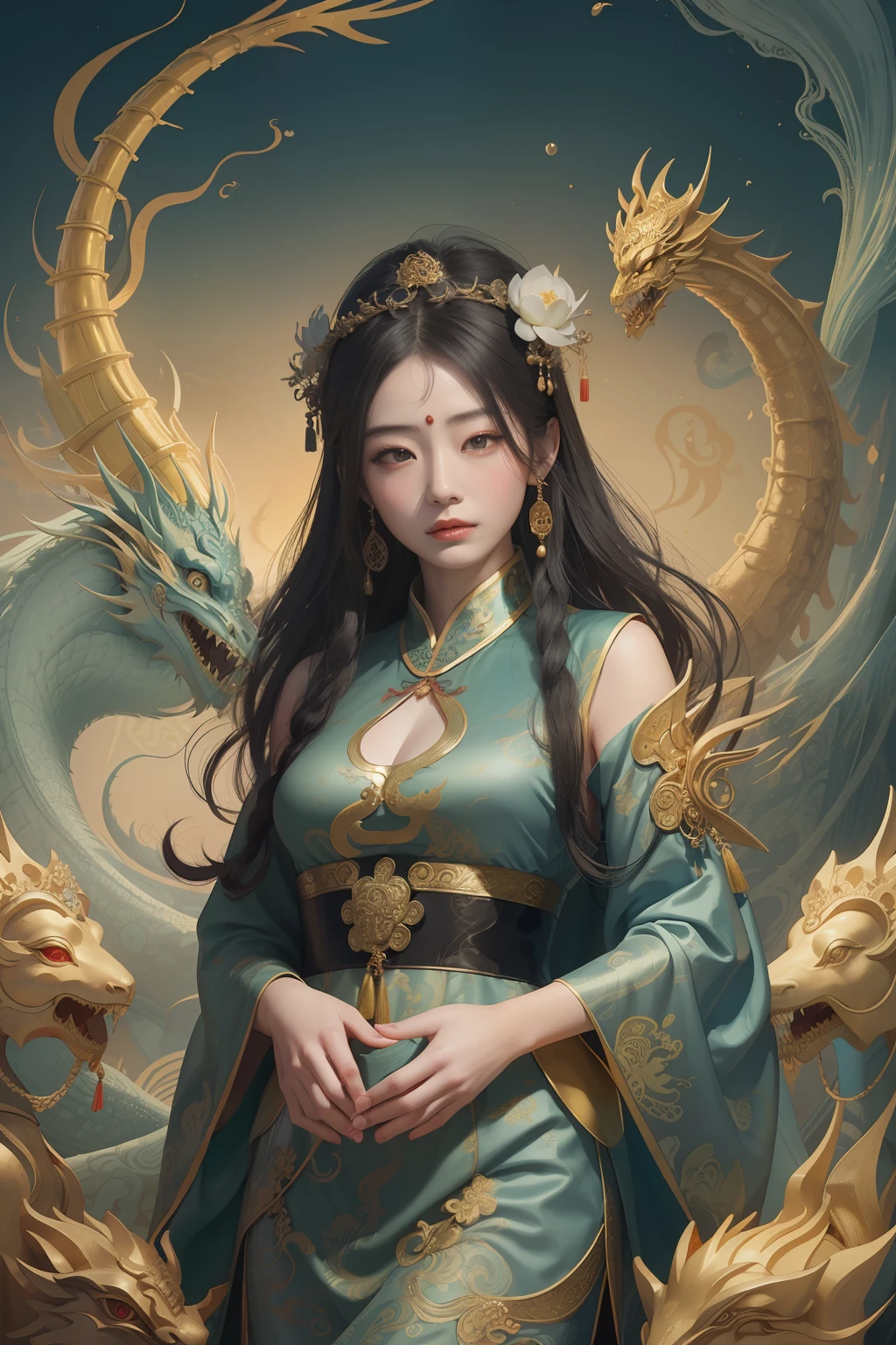 an ancient Chinese goddess, guanyin of the southern seas, Guanyin, Inspired by China, Avalokiteshvara rides a dragon，,Serene expression,shui mo hua,Buddha,Buddhist,Lotus,Chinese painting style,Thangka style