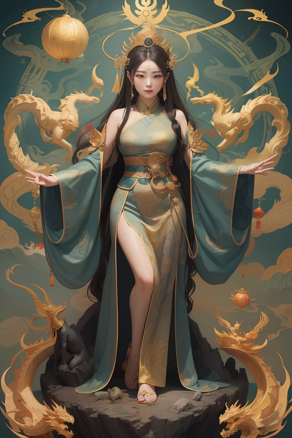 an ancient Chinese goddess, guanyin of the southern seas, Guanyin, Inspired by China, Avalokiteshvara rides a dragon,,Serene expression,shui mo hua,Buddha,Buddhist,Lotus,Chinese painting style,Thangka style