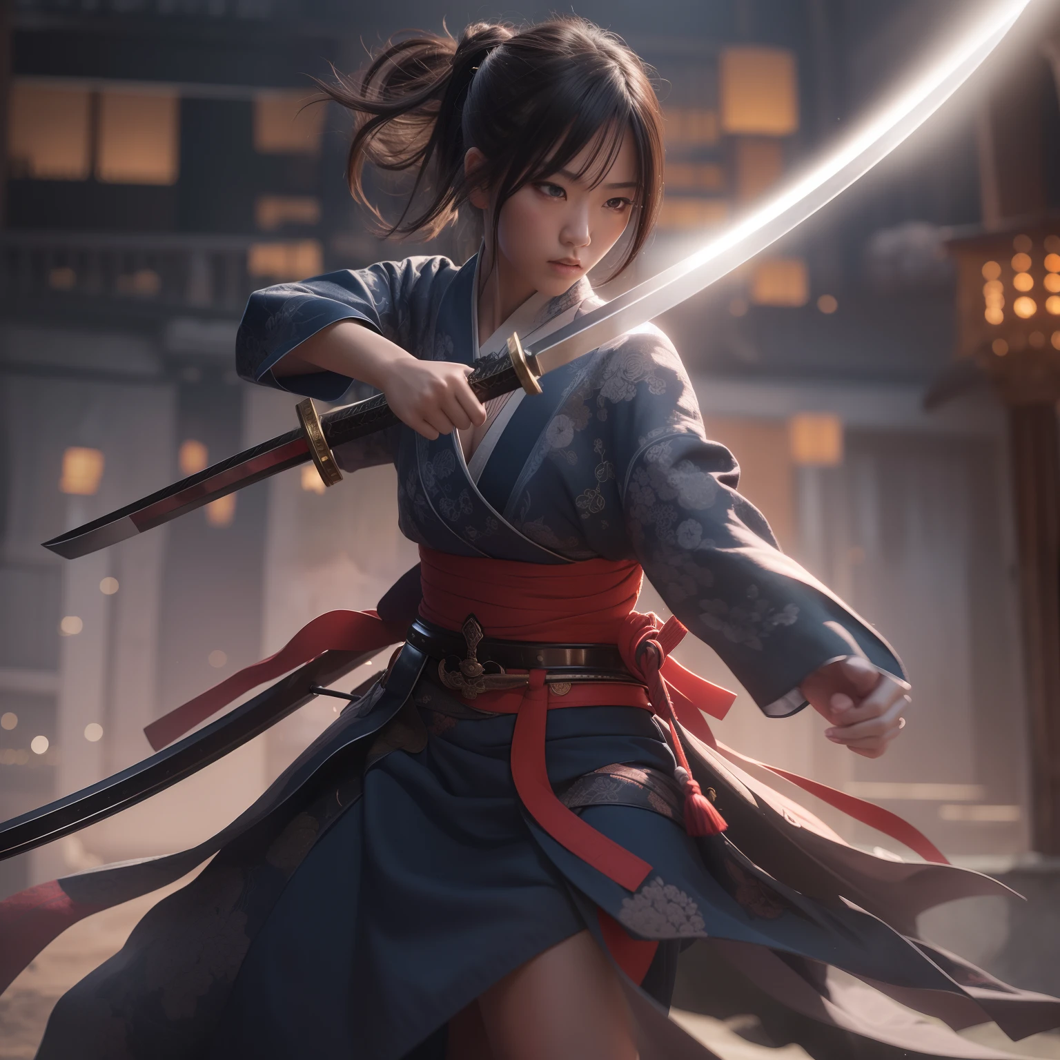 "Samurai sword girl in a high-detailed and visually stunning scene with dynamic lighting, showcasing her expertise in wielding the sword. The atmosphere should evoke a sense of power and elegance.
