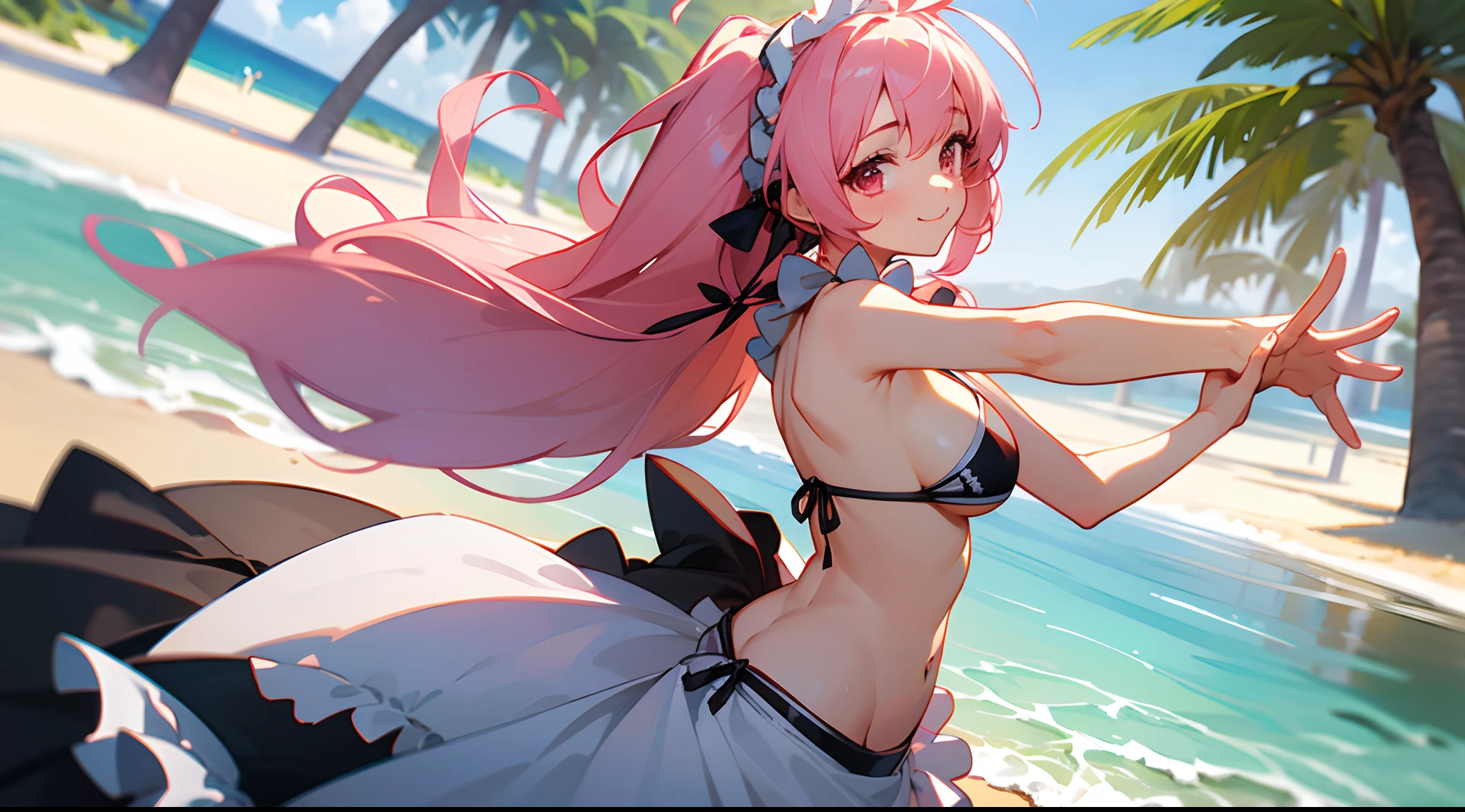 1 girl, game CG, black string bikini with sleeveless frills, cleavage visible, navel visible, maid's hair accessory, maid's small apron, gigantic breasts, pink hair, long hair, low twintails, princess hairstyle, ahoge, pink eyes, ocean, sandy beach, trees, happy, reaching out, looking back,