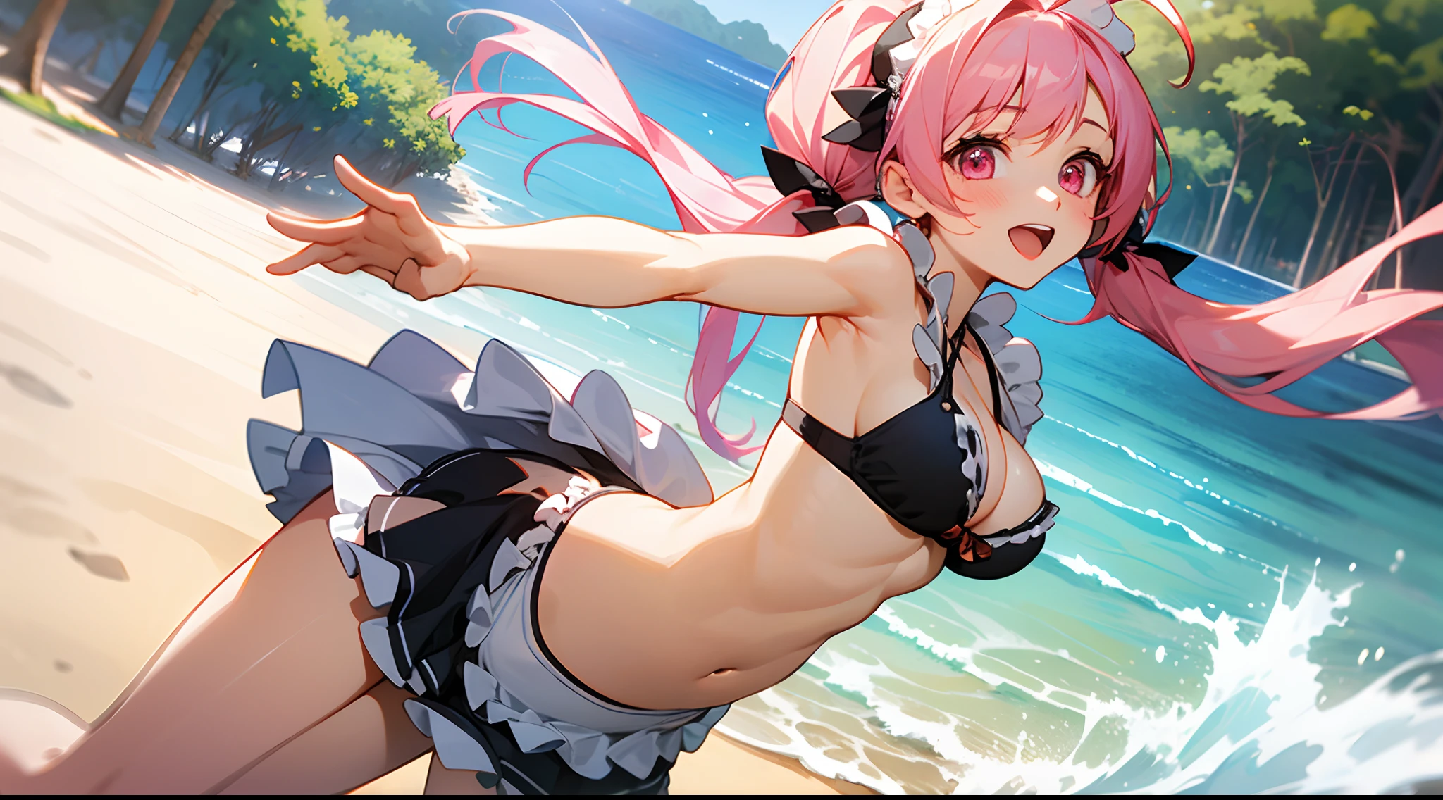 1 girl, game CG, black string bikini with sleeveless frills, cleavage visible, navel visible, maid's hair accessory, maid's small apron, gigantic breasts, pink hair, long hair, low twintails, princess hairstyle, ahoge, pink eyes, ocean, sandy beach, trees, happy, reaching out, looking back,