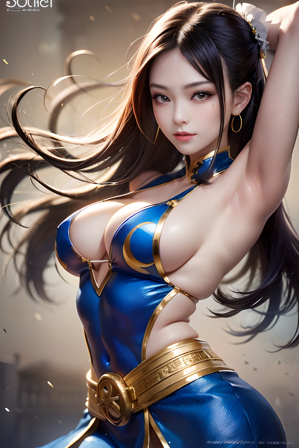 top-quality, The ultra -The high-definition、1girl in、Simple background、A smile、Glamorous、8K、Perfect, Shiny skin, Posing, beautiful model, Armpits, Fine Art, Erotic, cg digital art , street fighter, (chin li:1.3), Kawaii face, blue china dress, Young Woman、Chinatown