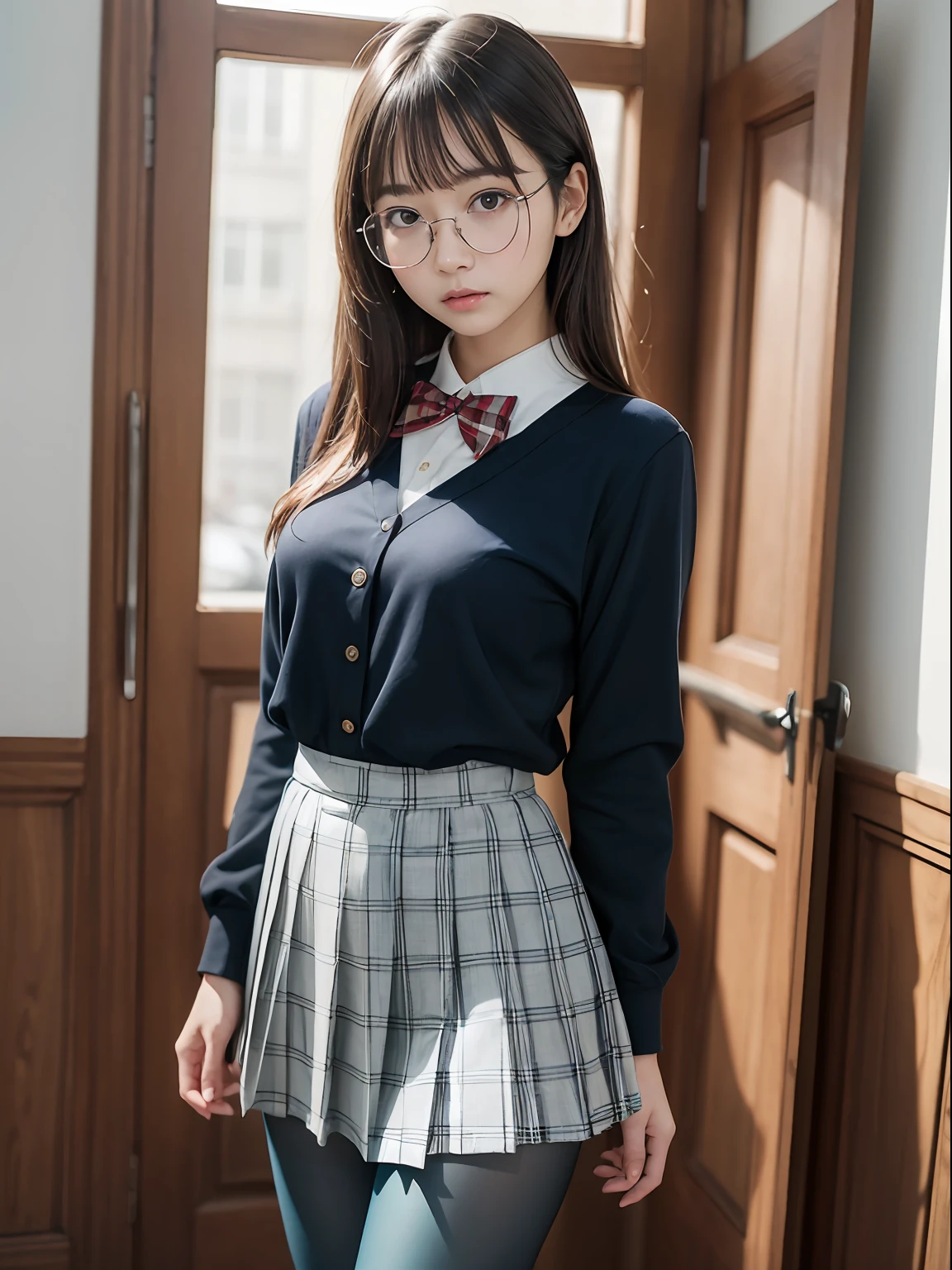 (8K、Raw photography、top-quality、masterpiece:1.2),bob cuts,glamor,Chromo-white skin,cocky,School,watching at viewers,Looking at the front,Muchimuchi,Erotic,Pupils,(Light blue bra seen through the shirt),de pele branca,kne,(Black pantyhose),absurderes,a small face,small tits,flat breast,Parting the bangs from the middle、Forehead visible,(a cold expression,Tight eyes,glares,Bullish,skinny,Rasping,irate)、masterpiece,top-quality、超A high resolution,Raw photo,ren,Beautiful fece,One Person, 独奏,eye glass,,Dark look,Small breasts,fullllbody,Round glasses,JK school uniform,hi-school girl,A Japanese Lady,is standing,(Photorealsitic:1.37)、Photon mapping,Realistic、Beautie,Cute little face,Brown-eyed、Black socks、(Red bow tie)、Radio City、Physically Based Rendering、depth of fields、Blurry background、a picture,Body,beauty legs, Long legs, Thin leg,(Bangs are visible), hair, s lips, Blue_The eye, nosesoft,(Light blue shirt), (Navy and blue and white plaid pleated skirt), Knees are visible,Sheer clothing,, Thigh, Black cotton socks,Nogizaka Idol, 女優, Japanese ido