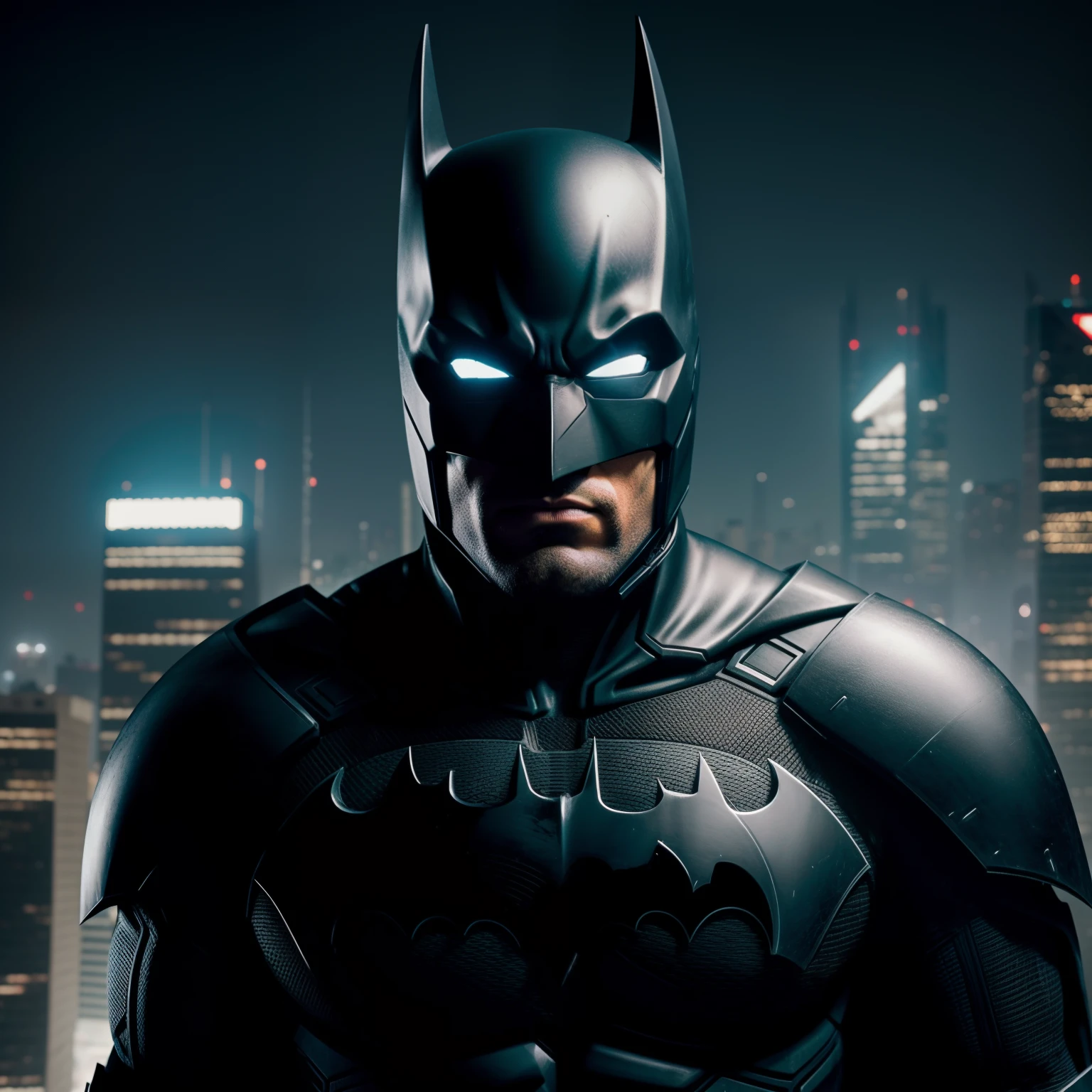 Obra prima melhor qualidade,  retrato, batman de armadura cibernetica cyberpunk preta capa,imposing on top of a building, a noite, extremamente 8k, Ultra realista