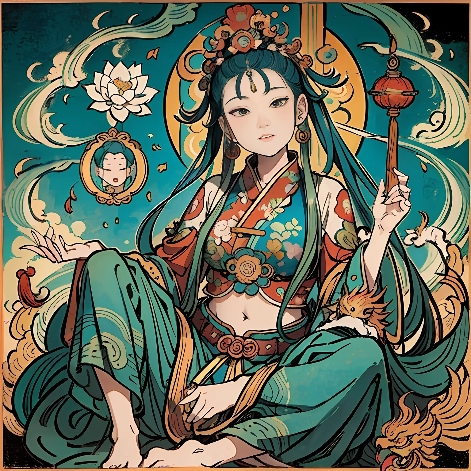 an ancient Chinese goddess, guanyin of the southern seas, Guanyin, Inspired by India, Avalokiteshvara rides a phoenix，,Serene expression,shui mo hua,Buddha,Buddhist,Lotus,Chinese painting style,Thangka style