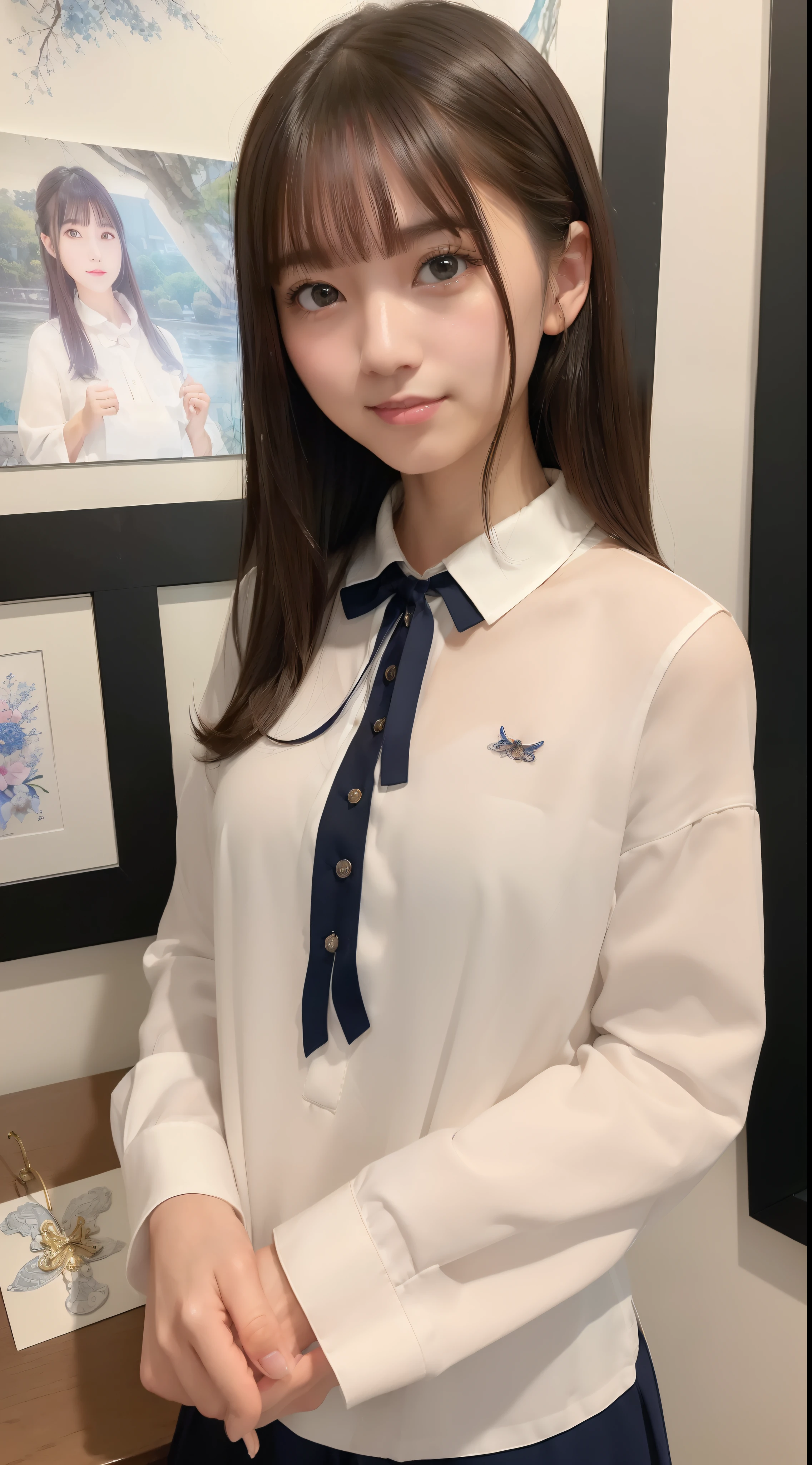 (8K、top-quality、masterpiece:1.2)、(realisitic、Photorealsitic:1.37)、ultra-detailliert、1womanl、 20yr old、独奏、((Beautiful ribbons))、(((A dark-haired)))、(A smile:1.15)、beautiful finely detailed eyes、(shirt with collar:1.1)、business clothes、(short-hair:1.2)、 (((Art Room)))、 picture frame