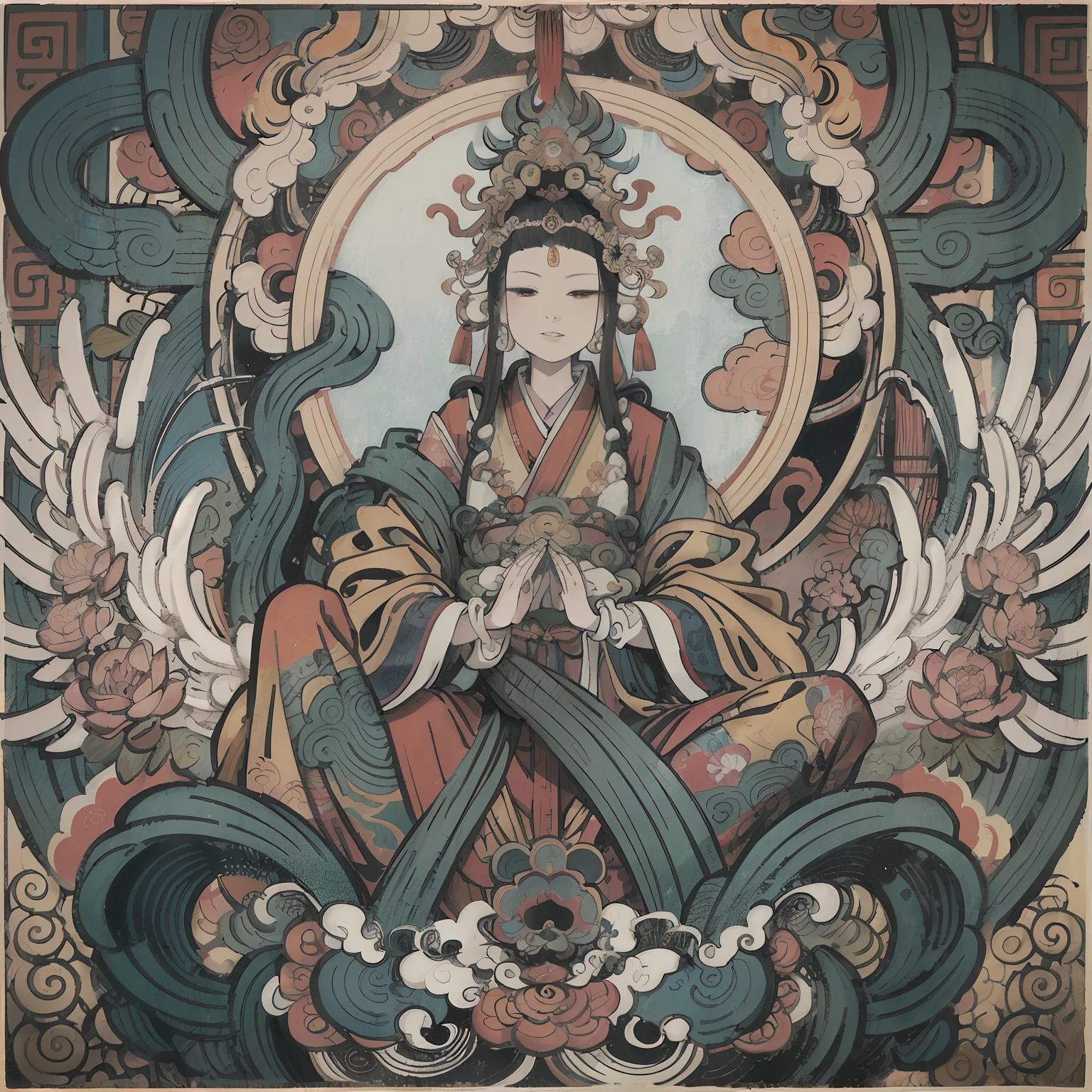 an ancient Chinese goddess, guanyin of the southern seas, Guanyin, Inspired by India, Avalokiteshvara rides a phoenix,,Serene expression,shui mo hua,Buddha,Buddhist,Lotus,Chinese painting style,Thangka style