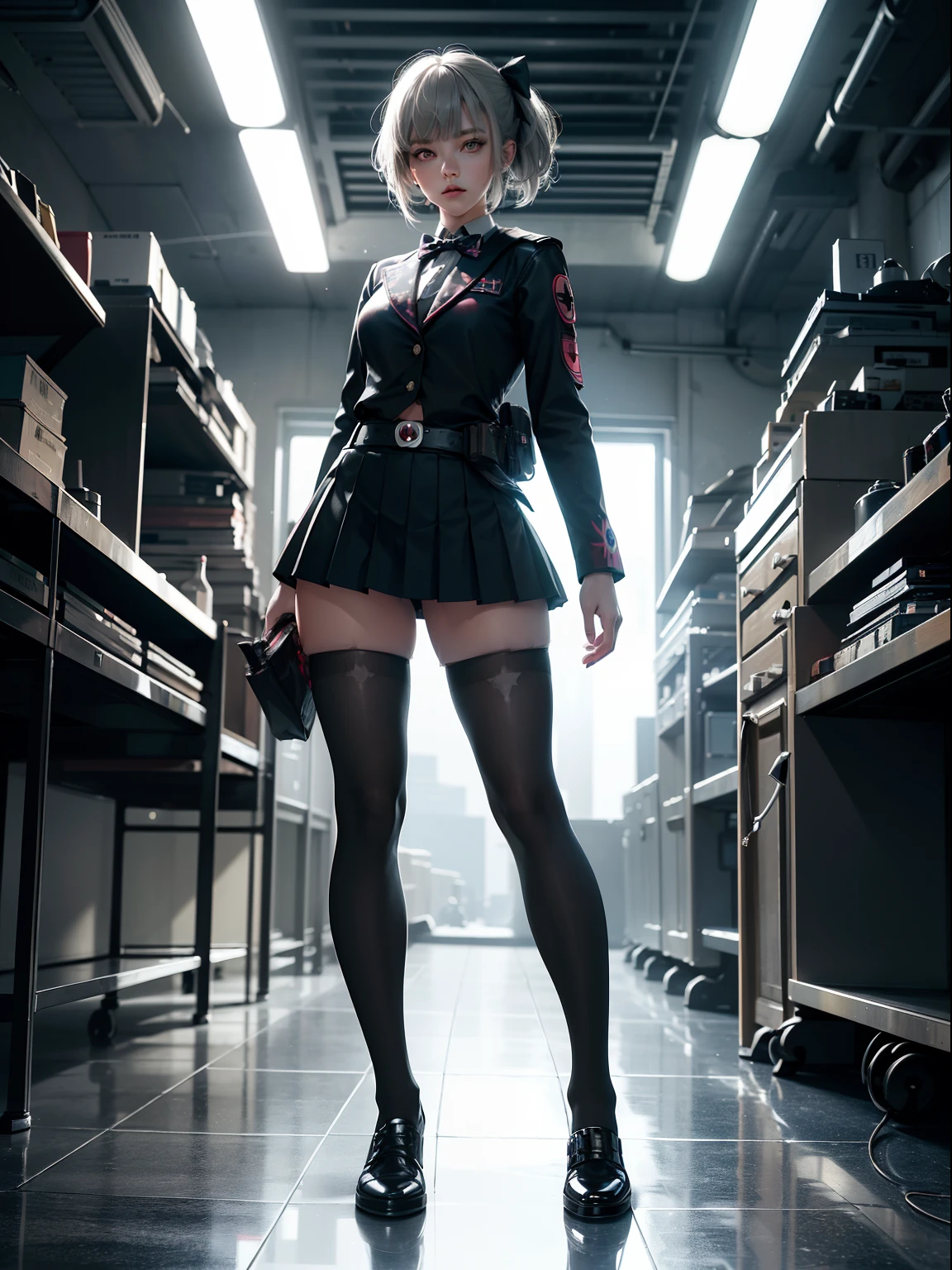 (full body:1.5),(1girl:1.3),(looking at viewer:1.4),(anatomy correct:1.3),(In the paradise of the day:1.3),(Wearing Very thick Printed Pantyhose and Deadpool suit JK uniform printed Ultra short pleated skirt and JK uniform leather shoes with bow decoration :1.35), (Light particle effect:1.3),(In pink|amarelo|blue colors|green color|red colour|white colors|black in color|purpleish color|greys|Beige|Flesh color 1.4),(Glowing eyes:1.3),(Accurate and perfect face:1.4),(Clothing Gloss:1.25),(Skin reflection:1.25),hyper HD, Ray traching, reflective light,structurally correct, Award-Awarded, high detal, lightand shade contrast, Face lighting,cinmatic lighting, tmasterpiece, super detailing, high high quality, high detal, best qualityer, 16k,high contrast,