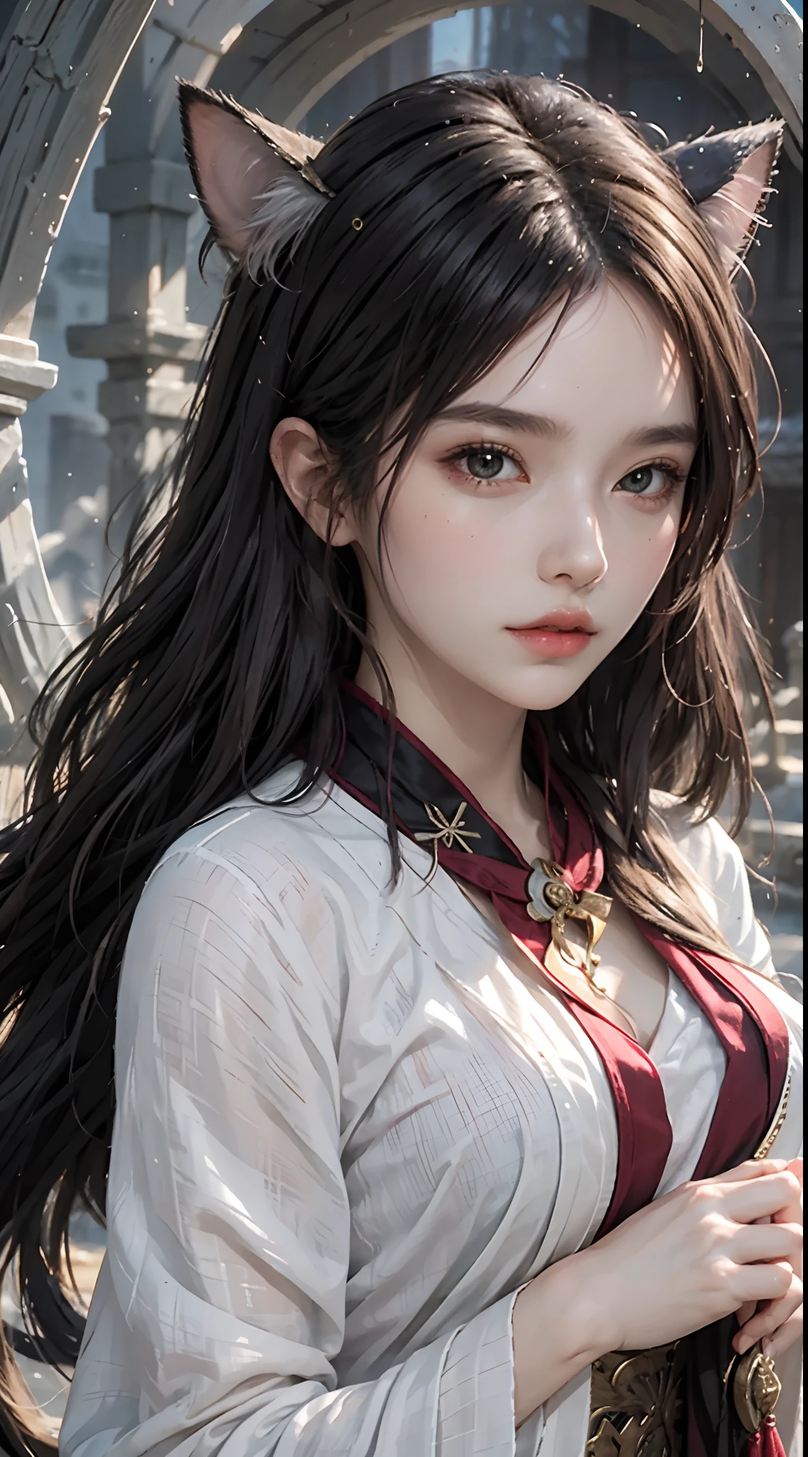 (1girl:1.3),solo,__body-parts__, official art, unity 8k wallpaper, ultra detailed, beautiful and aesthetic, beautiful, masterpiece, best quality,Fantastical Atmosphere, Calming Palette, Tranquil Mood, Soft Shading, Miko priestess, charm spell, talisman familiar, shrine maiden duties, cat ears