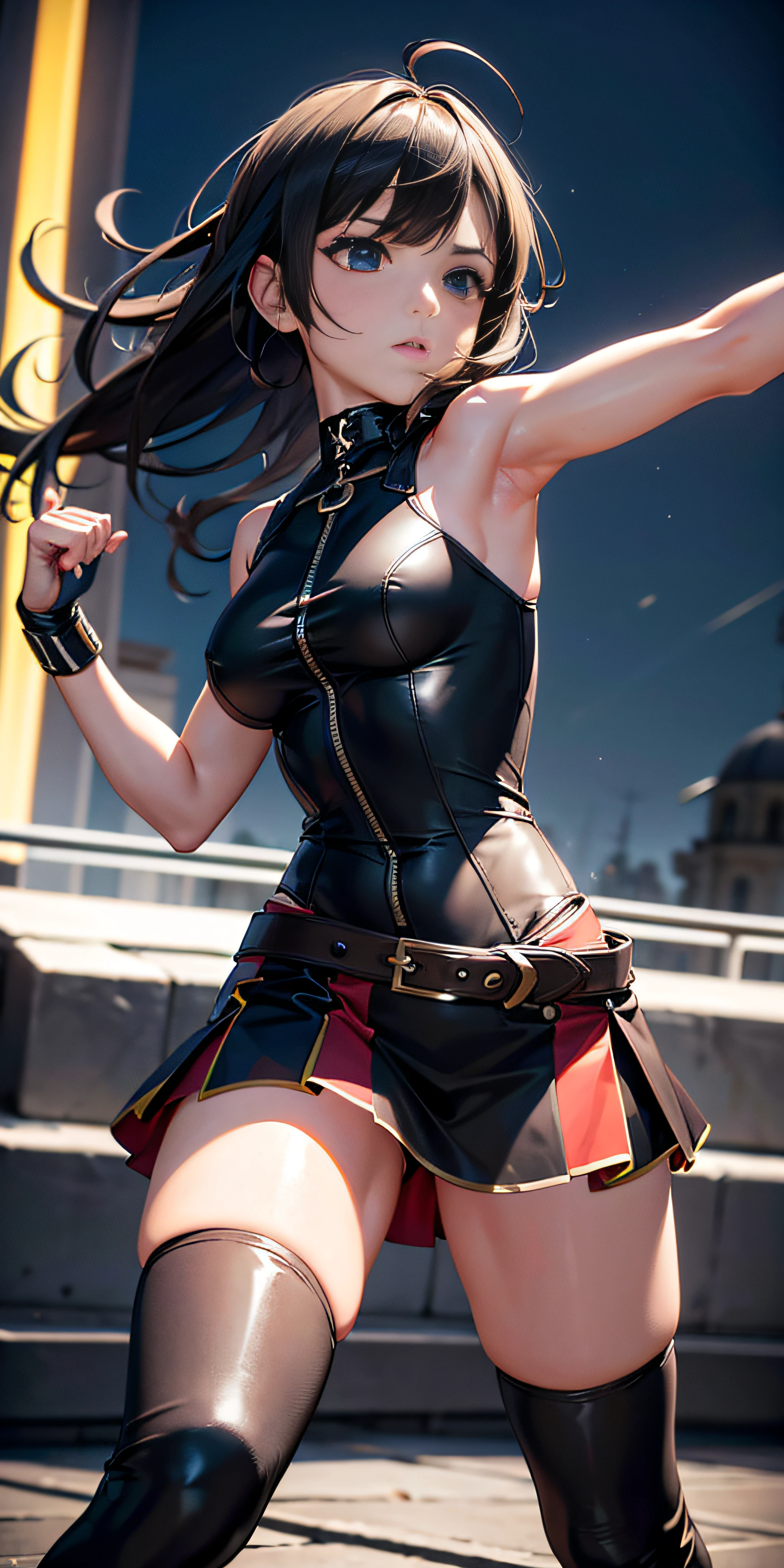 Vista de cuerpo entero, (obra maestra, mejor calidad, 8k, Altas Resoluciones: 1.2), (dramatic), arenisco, intenso, Personaje de anime, dynamic fighting pose, 1girl only, cabello negro oscuro, (Peinado atado), usar guantes, (Usando armadura futurista), Guanteletes blindados, con falda, Botas, Arte moderno, Cabello que cubre los ojos, closed fists, bosque, Cara hermosa, Hermosos ojos, colores vibrantes, Noche, highest quality digital art, Arte impresionante, Fondo de pantalla 4K, 8k, 64k, Disco duro, Obra maestra sin igual, cuerpo completo, dynamic lighting, Kinematic, epopeya, Disparo de vaquero, Detalles intrincados, Canon EOS R50 camera with Canon R50 RF-S 50mm IS STM lens