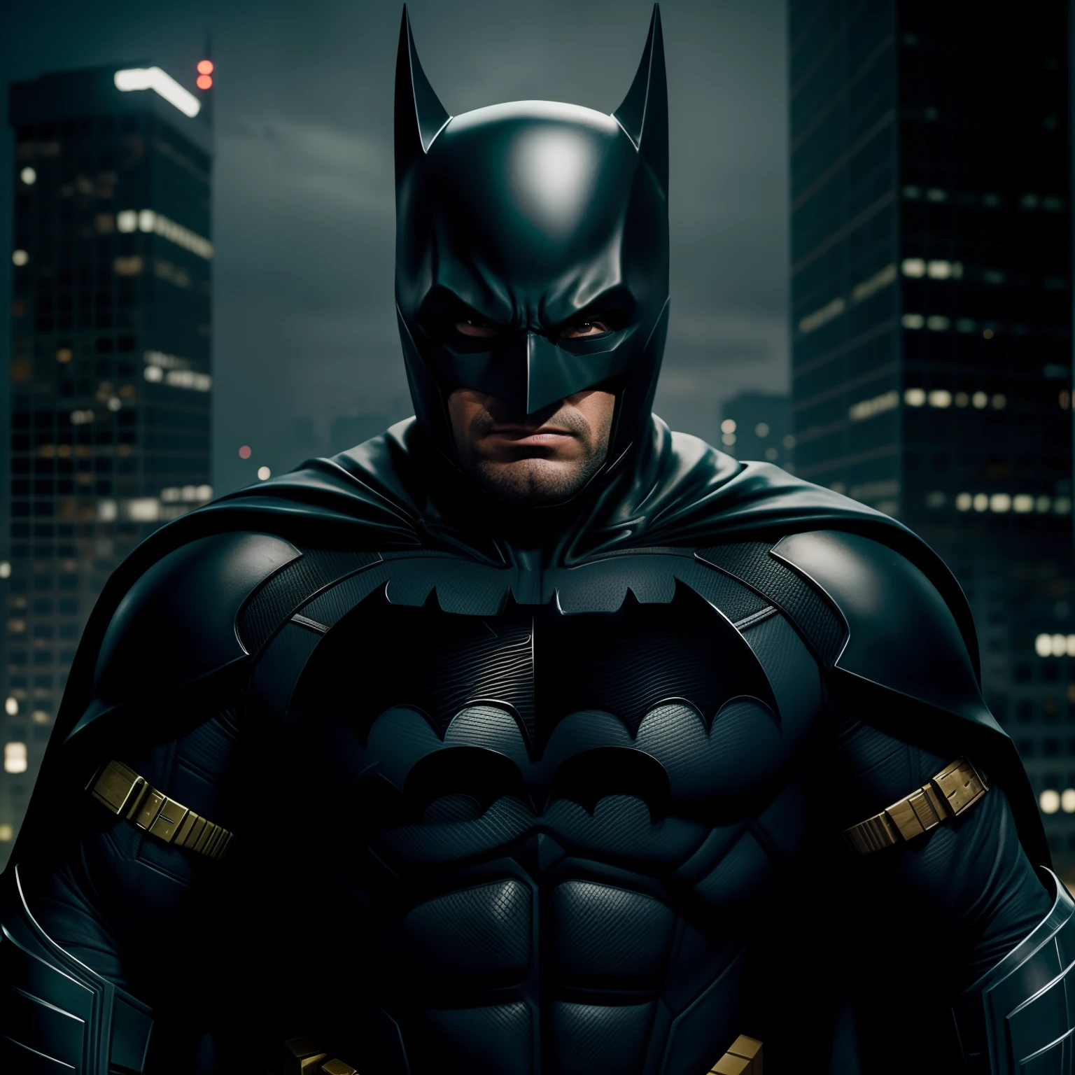 Obra prima melhor qualidade, retrato, batman de armadura cibernetica preta blindado, capa,imposing on top of a building, a noite, extremamente 8k, Ultra realista
