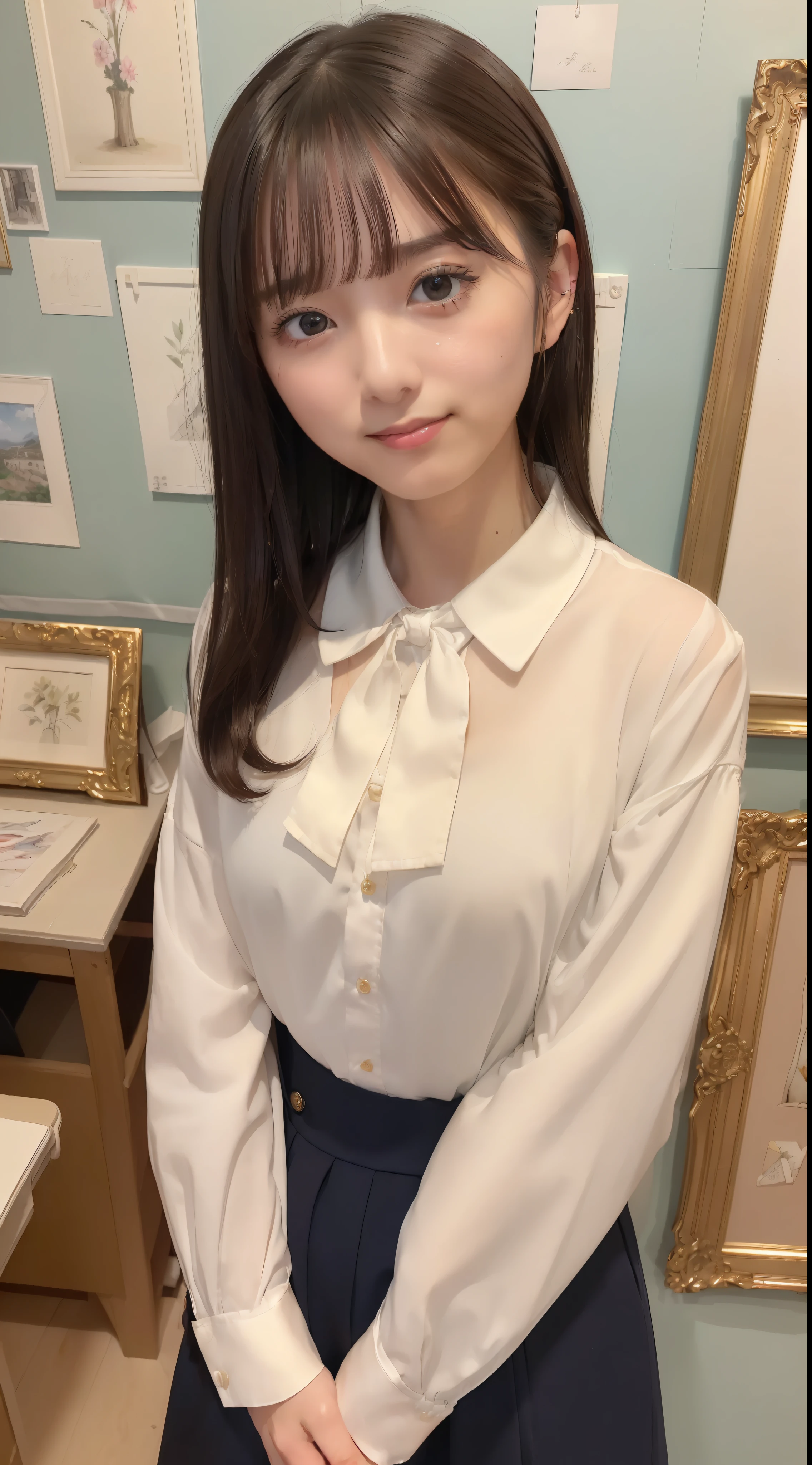 (8K、top-quality、​masterpiece:1.2)、(realisitic、Photorealsitic:1.37)、ultra-detailliert、1womanl、 20yr old、独奏、((Beautiful ribbons))、(((A dark-haired)))、(A smile:1.15)、beautiful finely detailed eyes、(shirt with collar:1.1)、business clothes、(short-hair:1.2)、 (((Art Room)))、 picture frame