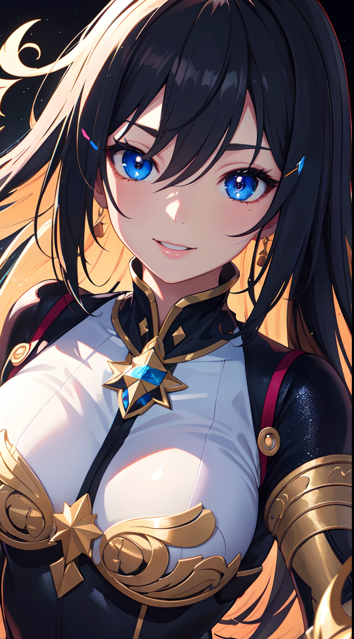 ((best quality)), ((masterpiece)), ((highres)), (best illumination, hyper detailed, detailed background), 1girl, solo, sharp face, seductive smile, dynamic angle, long hair 4 k, floating hair, intense colors eyes, shining eyes, glowing eyes, eyeline, beautiful detailed eyes 4 k, detailed beautiful face, anime art wallpaper 4 k, anime style 4 k, amazing 4 k background, mystical background 4 k, hyper detailed background,