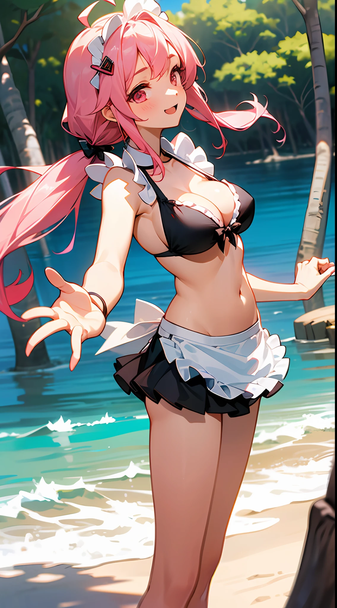 1 girl, game CG, black string bikini with sleeveless frills, cleavage visible, navel visible, maid's hair ornament, maid's small apron, gigantic breasts, pink hair, long hair, low twintails, princess hairstyle, ahoge, pink eyes, sea, sand beach, trees, happy, reaching out, looking back,