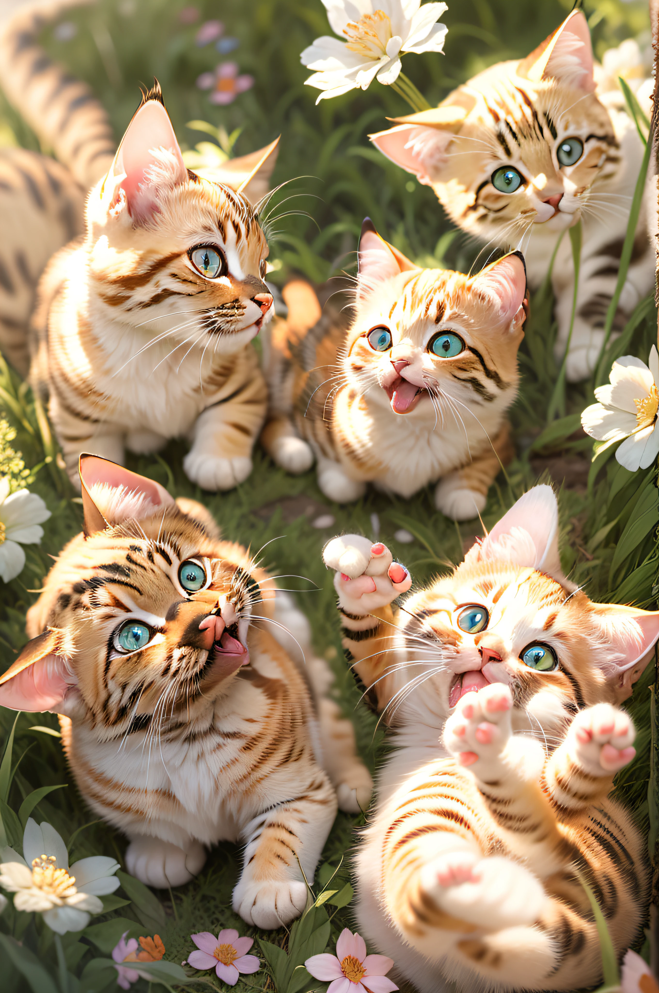 Three cute little kittens, Play with a flock of butterflies in the garden, One of the kittens still had a butterfly on his finger, There are dried fish in the grass that cats like to eat、chicken, blonde hair, heart-shaped pupils, cat ears, smile, tongue, tongue out, Surrealism, American propaganda poster, chiaroscuro, depth of field, film grain, stereogram, lens flare, UHD, ccurate, textured skin, super detail, high details, high quality, award winning, best quality, highres, 16k