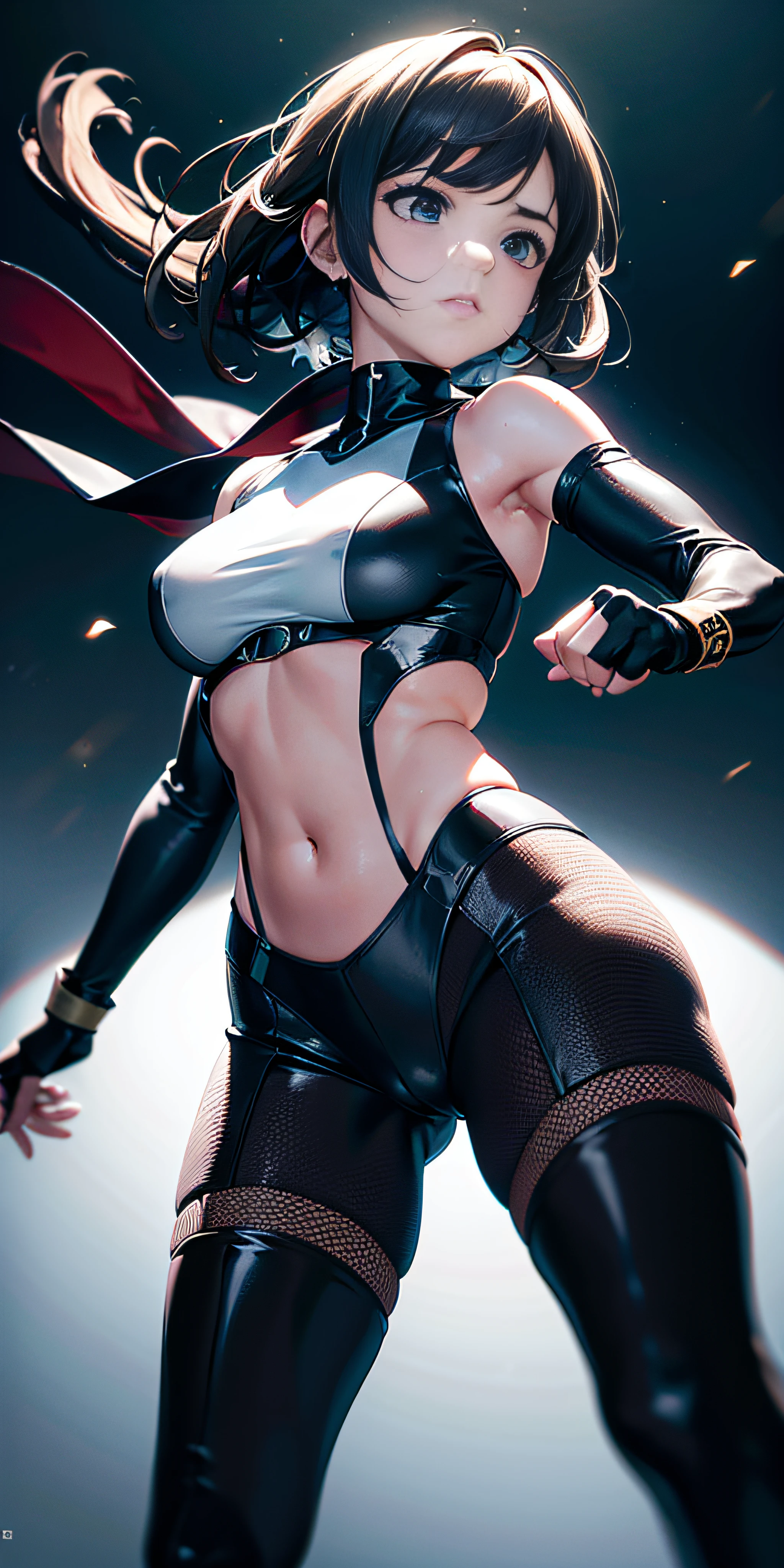 Vista de cuerpo entero, (obra maestra, mejor calidad, 8k, Altas Resoluciones: 1.2), (dramatic), arenisco, intenso, Personaje de anime, dynamic fighting pose, 1girl only, cabello negro oscuro, (Peinado atado), usar guantes, (Usando armadura futurista), Guanteletes blindados, con falda, Botas, Arte moderno, Cabello que cubre los ojos, closed fists, bosque, Cara hermosa, Hermosos ojos, colores vibrantes, Noche, highest quality digital art, Arte impresionante, Fondo de pantalla 4K, 8k, 64k, Disco duro, Obra maestra sin igual, cuerpo completo, dynamic lighting, Kinematic, epopeya, Disparo de vaquero, Detalles intrincados, Canon EOS R50 camera with Canon R50 RF-S 50mm IS STM lens
