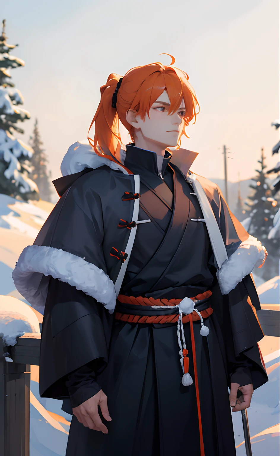 Masterpiece, Best quality, 1boy, Samurai, Short orange hair, pony tails, winter, Snow, nevando, snowflower, voluminetric lighting, rim lit