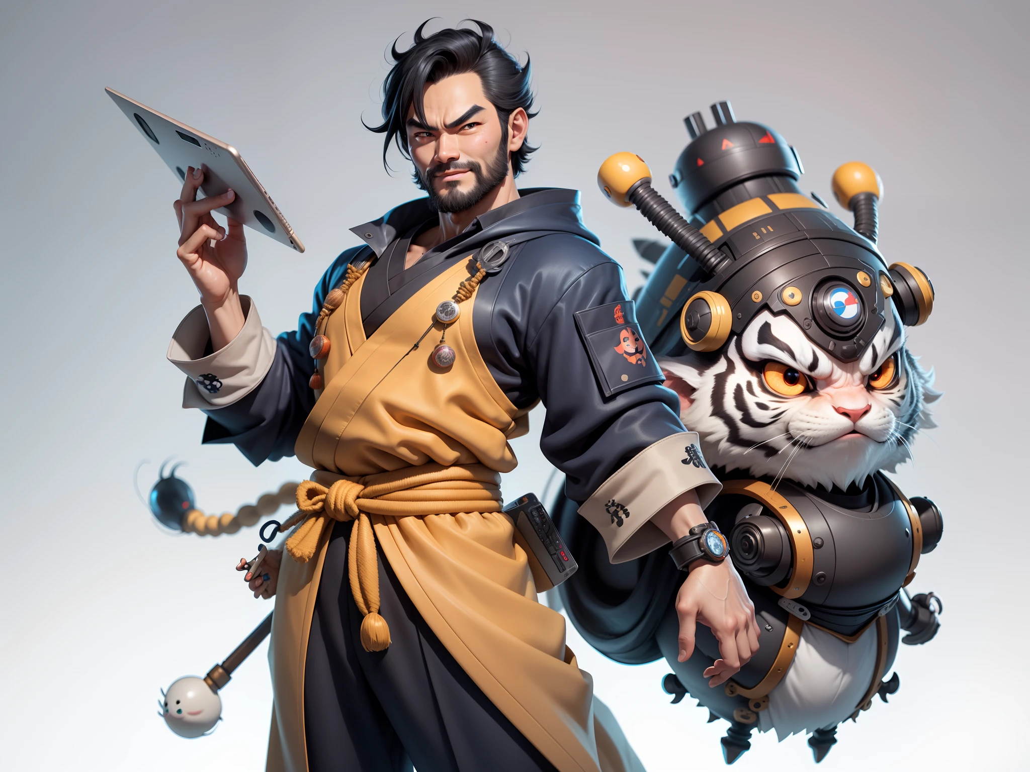 (Daisaku),(Need),(Super meticulous),(full bodyesbian:1.2),Super young man with Japanese geisha,Beautiful,orient,one tiger,Aeolian Thor,Raised sexy,爆乳,Oriental face,TV Anchor,Bust portrait illustration,In black suit,a blue tie,The face is slightly chubby,The face was clean,without a beard,Black super short hair,Black eyes,Smile confidently,3C computer sub-products,iPad, iphone,Digital painting,3D character design by Mark Clairen and Pixar and Hayao Miyazaki and Akira Toriyama,The illustration is a high-definition illustration in 4K resolution,With very detailed facial features and cartoon-style visuals。