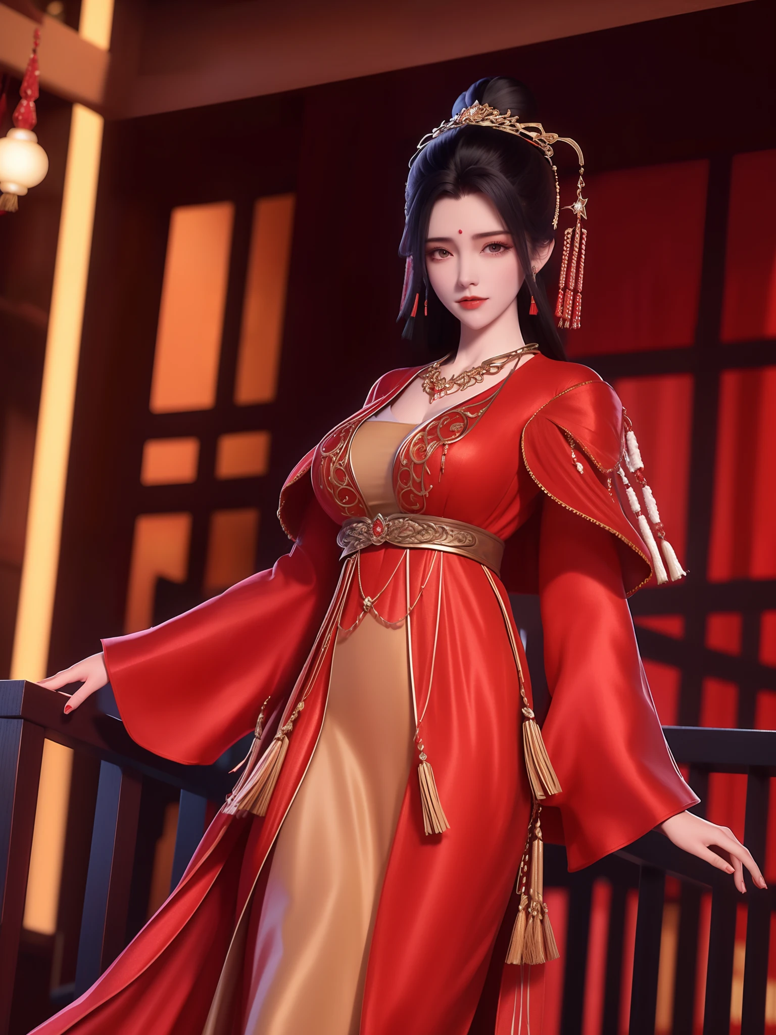 1girl,WMSJyuechanHFgf3,cityscape,night,looking at viewer,red long dress,hair ornament,cowboy shot,hair bun,pearl,tassel hair ornament,necklace,coat,